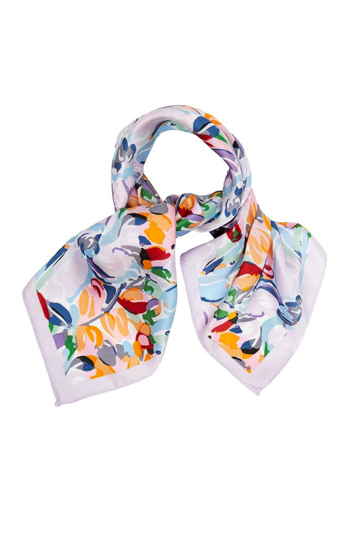 Colorful floral-patterned silk scarf tied in a knot with white edges.