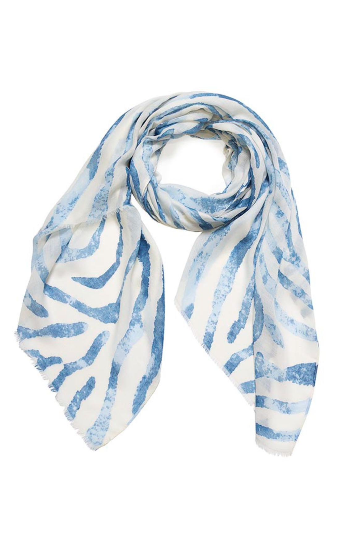 White scarf with blue abstract stripe pattern, tied in a loose knot.