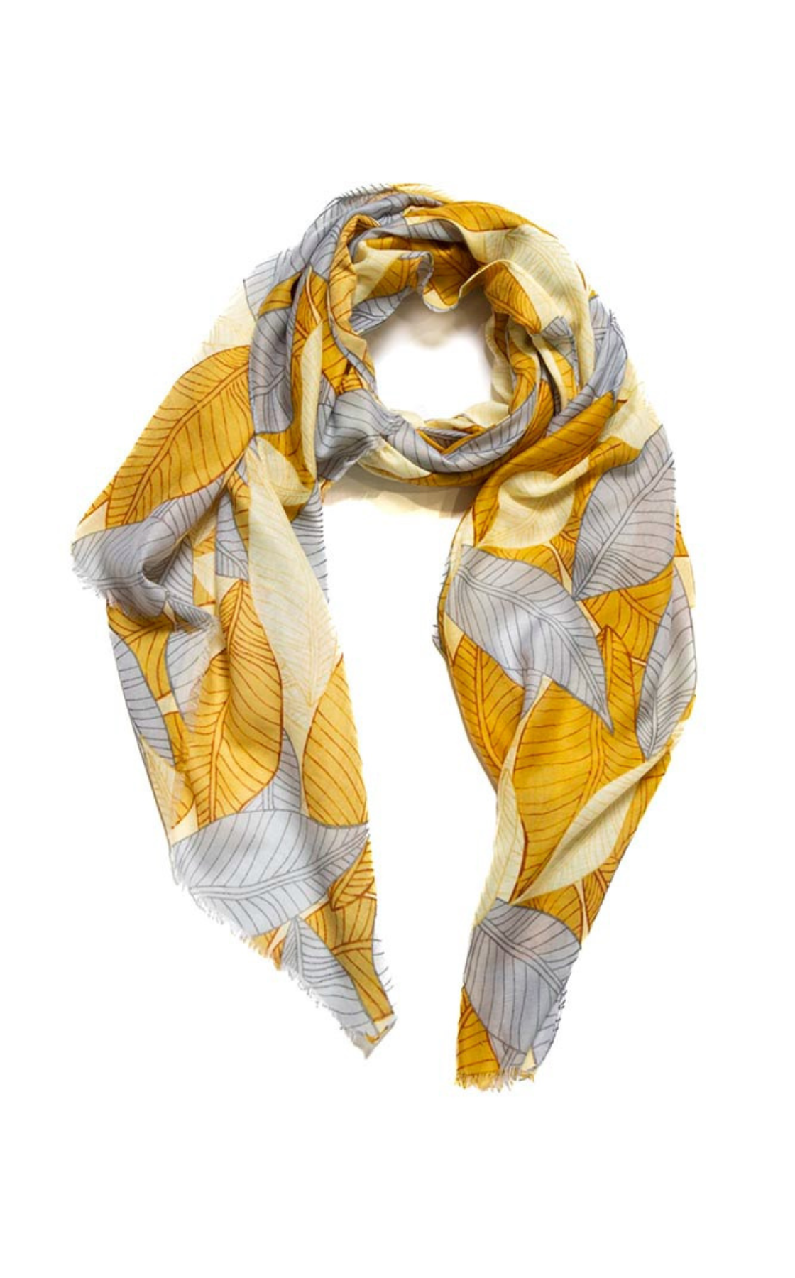 A scarf with a yellow and gray leaf pattern arranged in a circular shape on a white background.