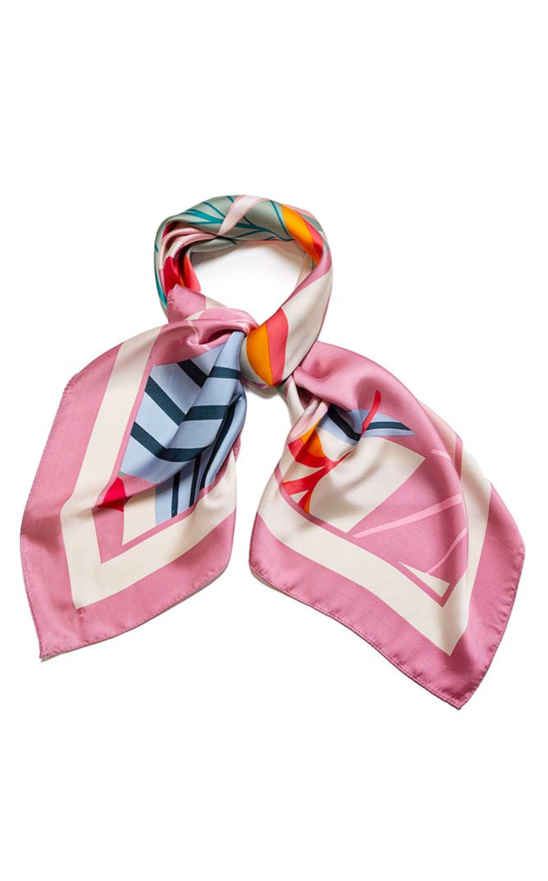 Colorful silk scarf with pink, blue, red, yellow, and green patterns folded on a white background.