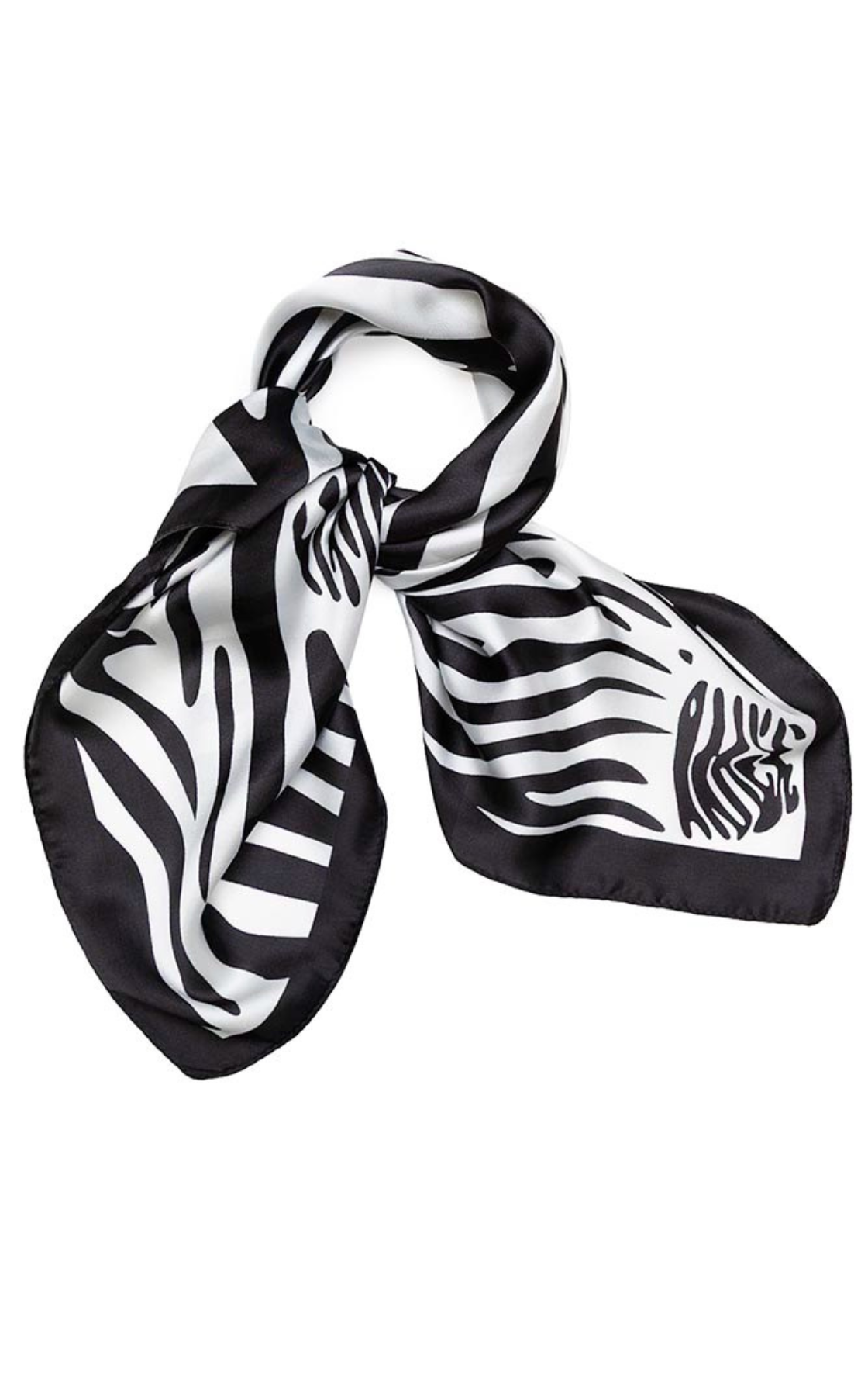 Black and white zebra print silk scarf tied in a knot.