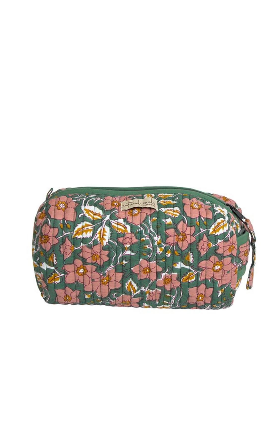 A floral-patterned fabric pouch or bag with green, pink, yellow, and white colors, labeled 'natural soul' on a beige tag, with a black zipper on top.