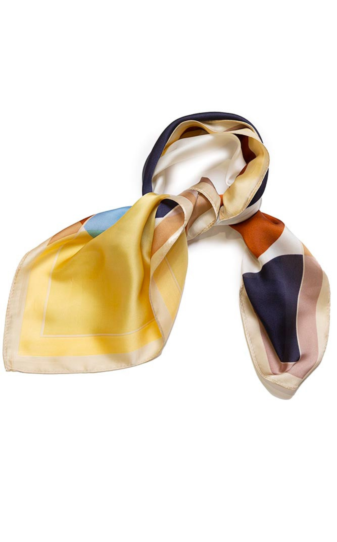 Colorful silk scarf with yellow, navy, beige, and rusty orange patches, tied into a knot.