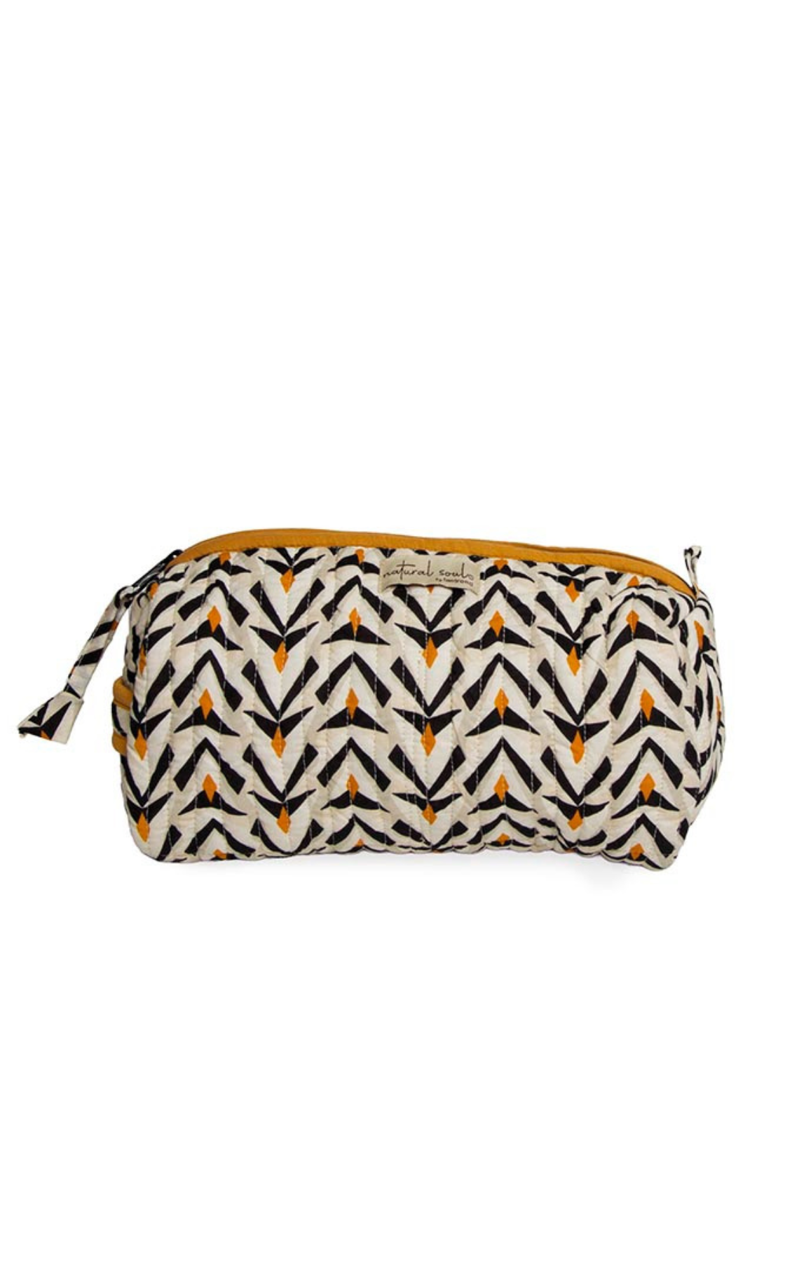 A cosmetic or toiletry bag with a black, orange, and white geometric pattern and a zipper closure.