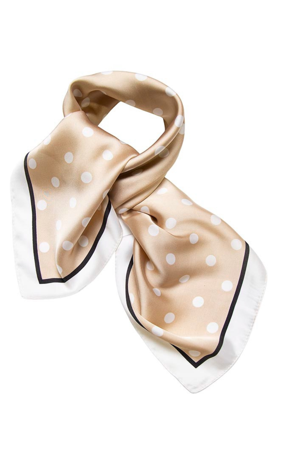 Beige polka dot silk scarf with black border on a white background.