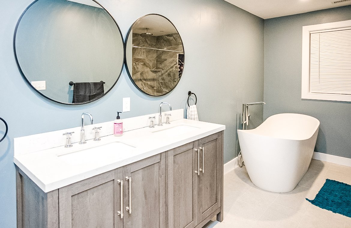 bathroom remodel double sink and bathtub
