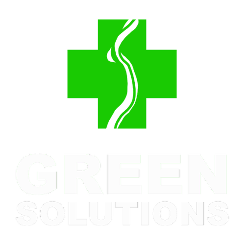 Logo with a green medical cross and a snake winding through it, with the text 'Green Solutions' underneath.