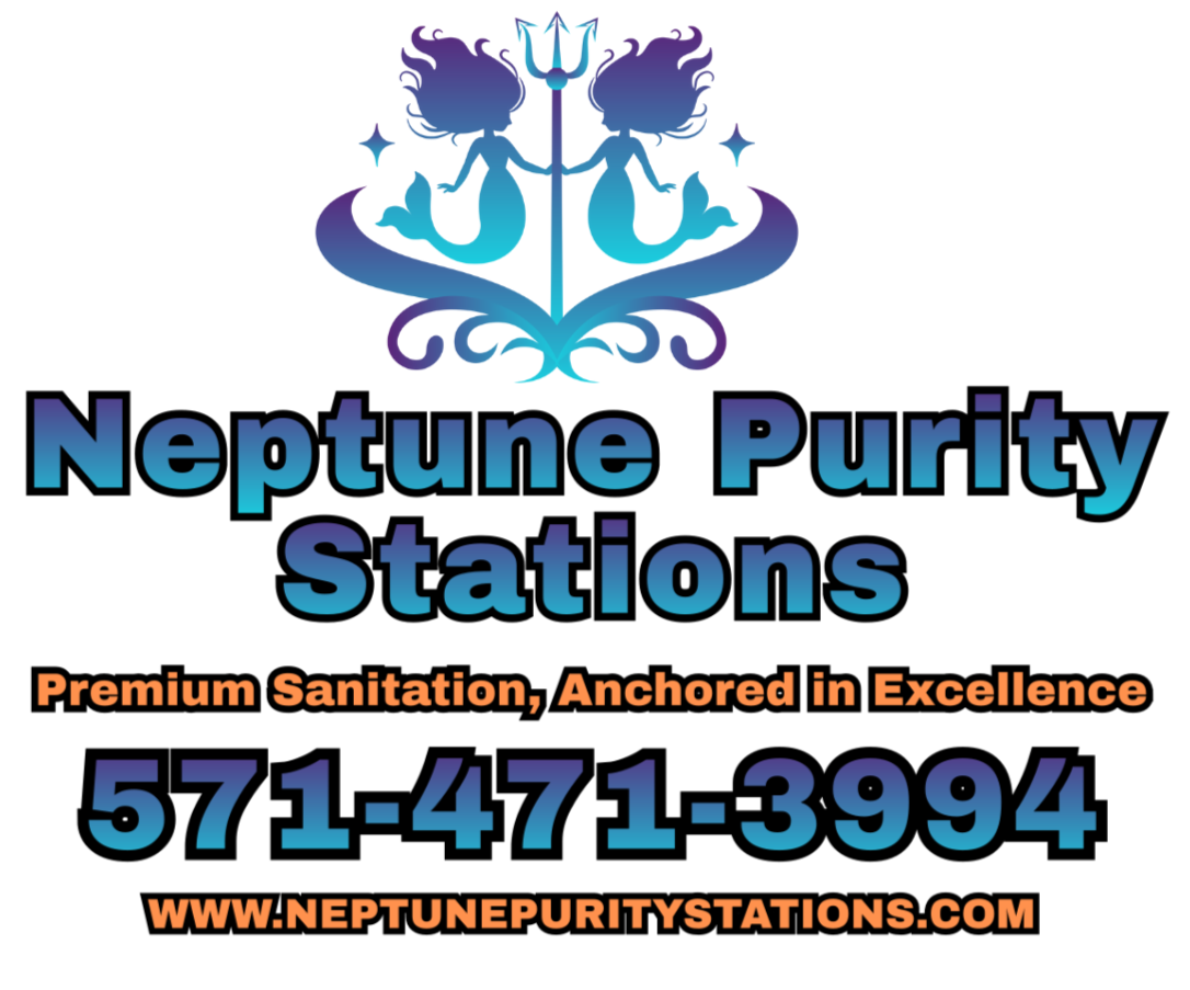 Neptune Purity Stations logo featuring twin mermaids and trident. Premium sanitation services including portable restrooms, ADA wheelchair units, and nursing pods. Serving Washington DC, Maryland, and Virginia.