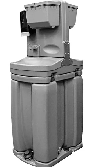 Portable handwashing station available for rent from Neptune Purity Stations. Equipped with foot-pump sinks, soap dispensers, and paper towel holders ideal for hygiene at events and construction sites in the DMV (Washington DC, Maryland, and Virginia
