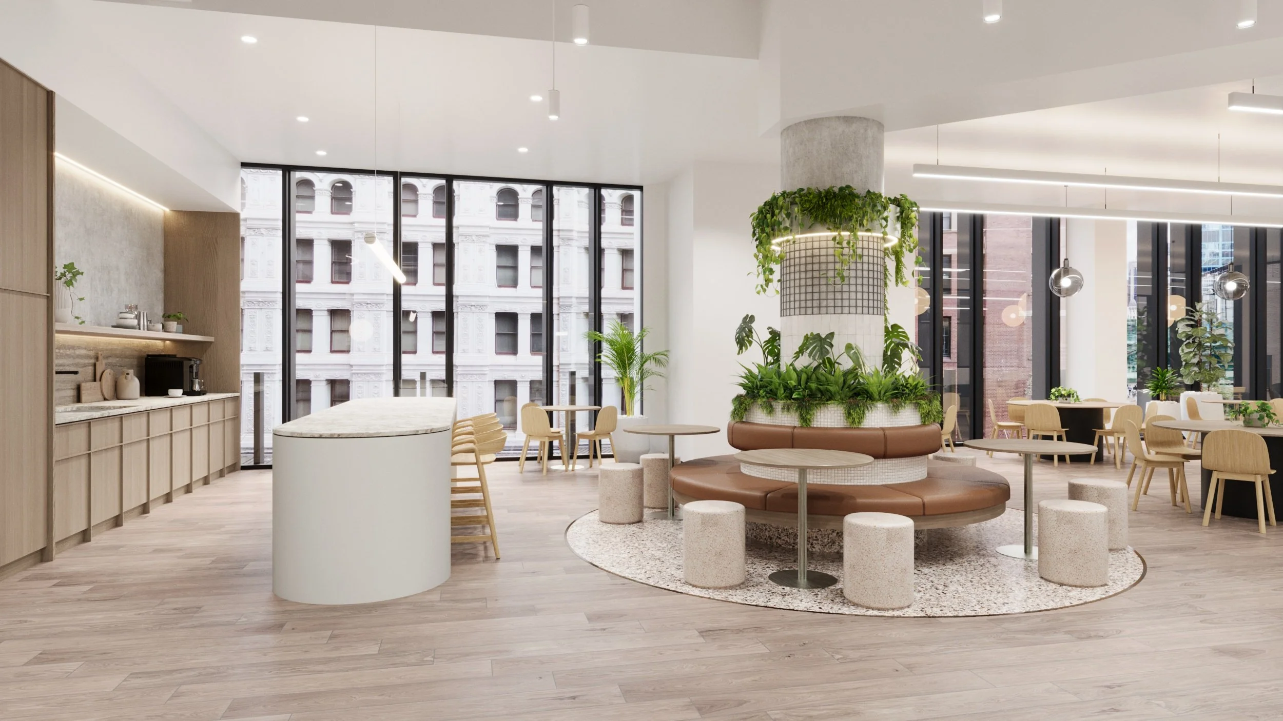 Modern cafe interior with wooden flooring, large windows, central circular seating area with green plants, small tables with chairs, and a coffee station along the wall.