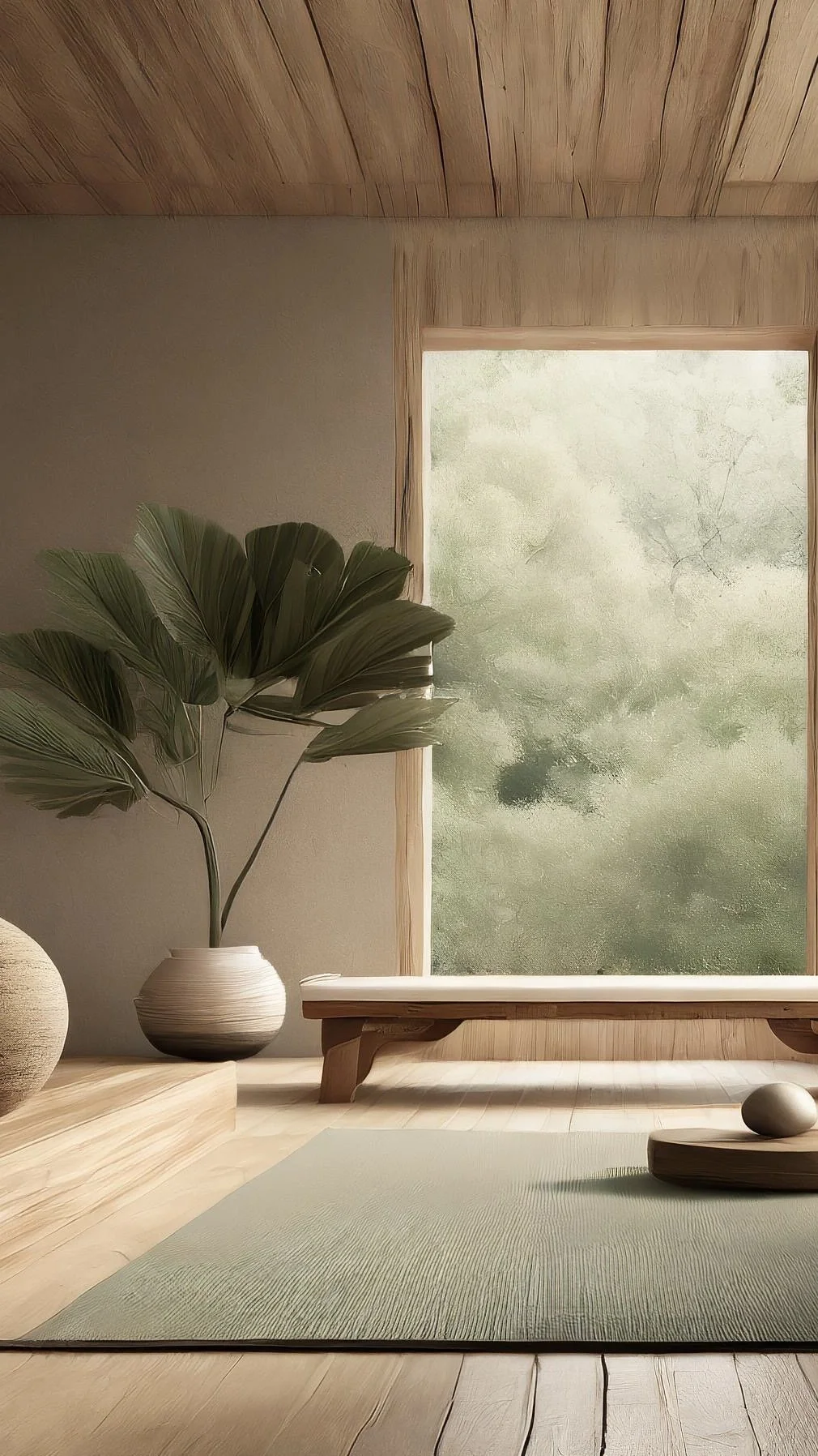 Minimalist interior with wooden elements, large frosted window, green mat on wooden floor, large leafy plant in a gray pot, and decorative objects.