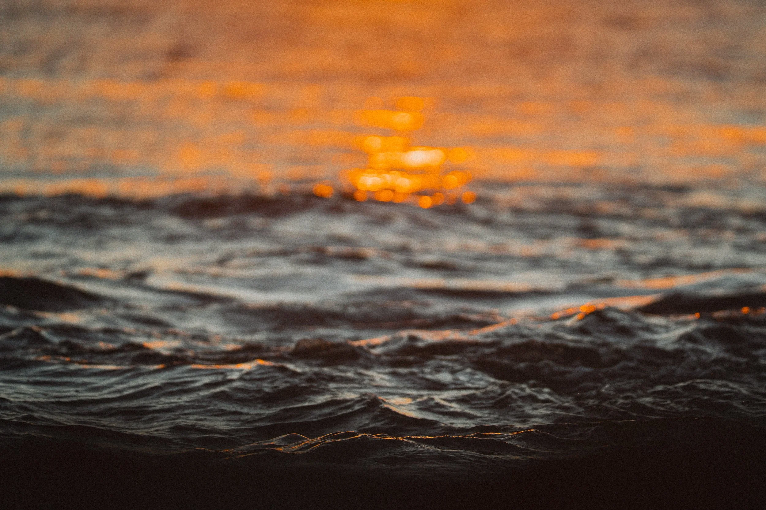 Close-up of a body of water reflecting the warm glow of a sunset, with ripples and sparkling reflections.