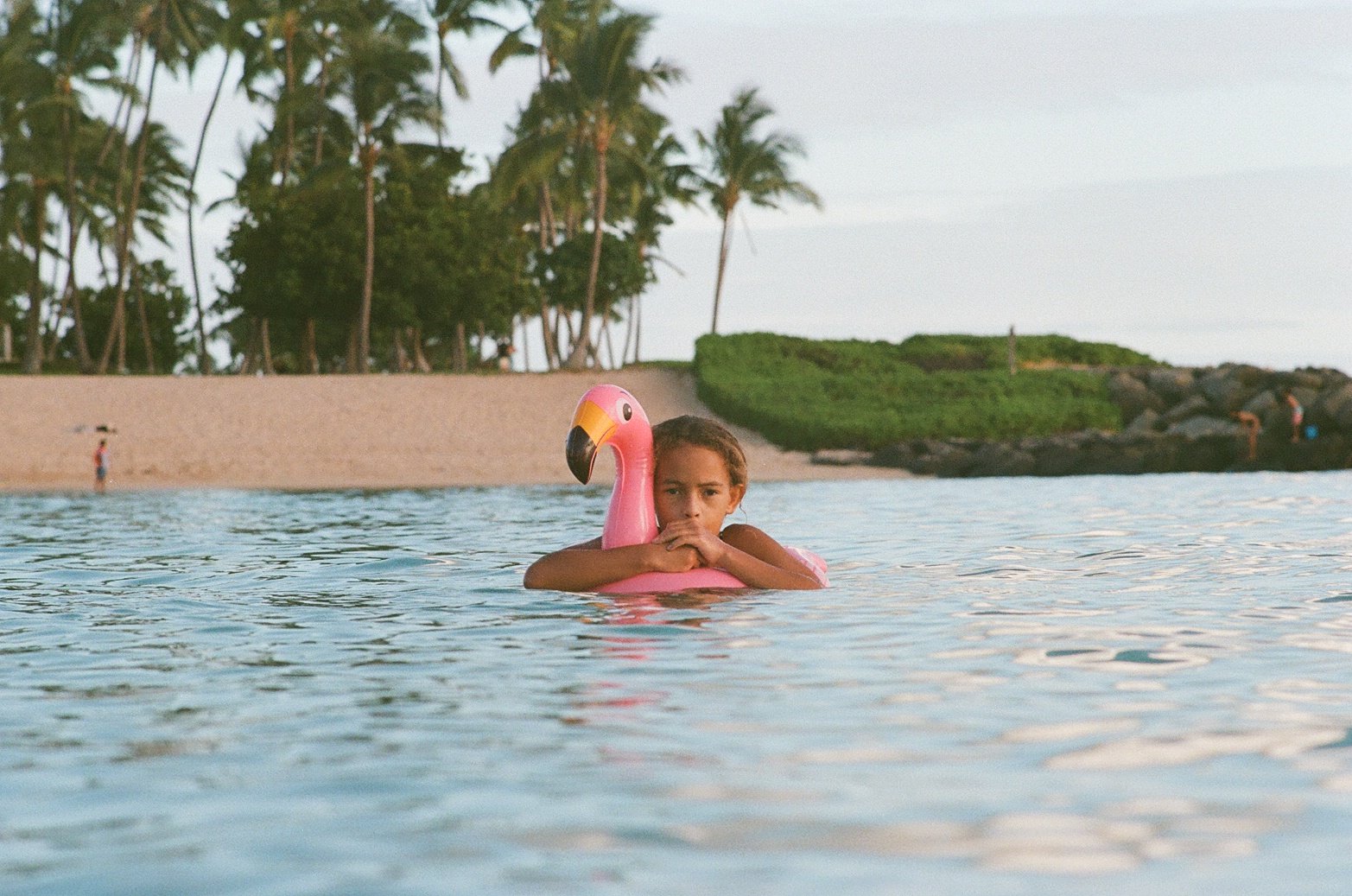 A young girl in the water hugging a pink flamingo-shaped pool float, with a sandy beach and palm trees in the background.