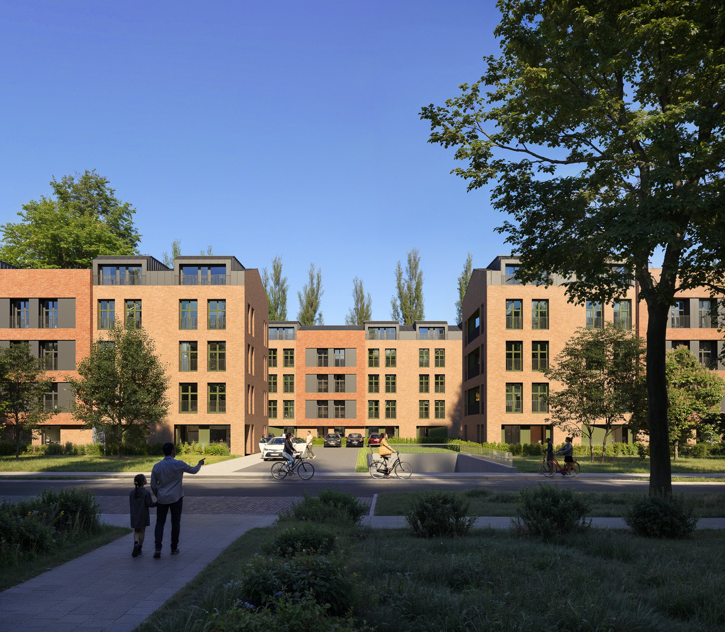 Modern residential complex with elegant brick facades and large windows, surrounded by greenery and trees. People are walking and cycling in front of the buildings, creating a friendly, community-oriented atmosphere. The architecture combines contemp
