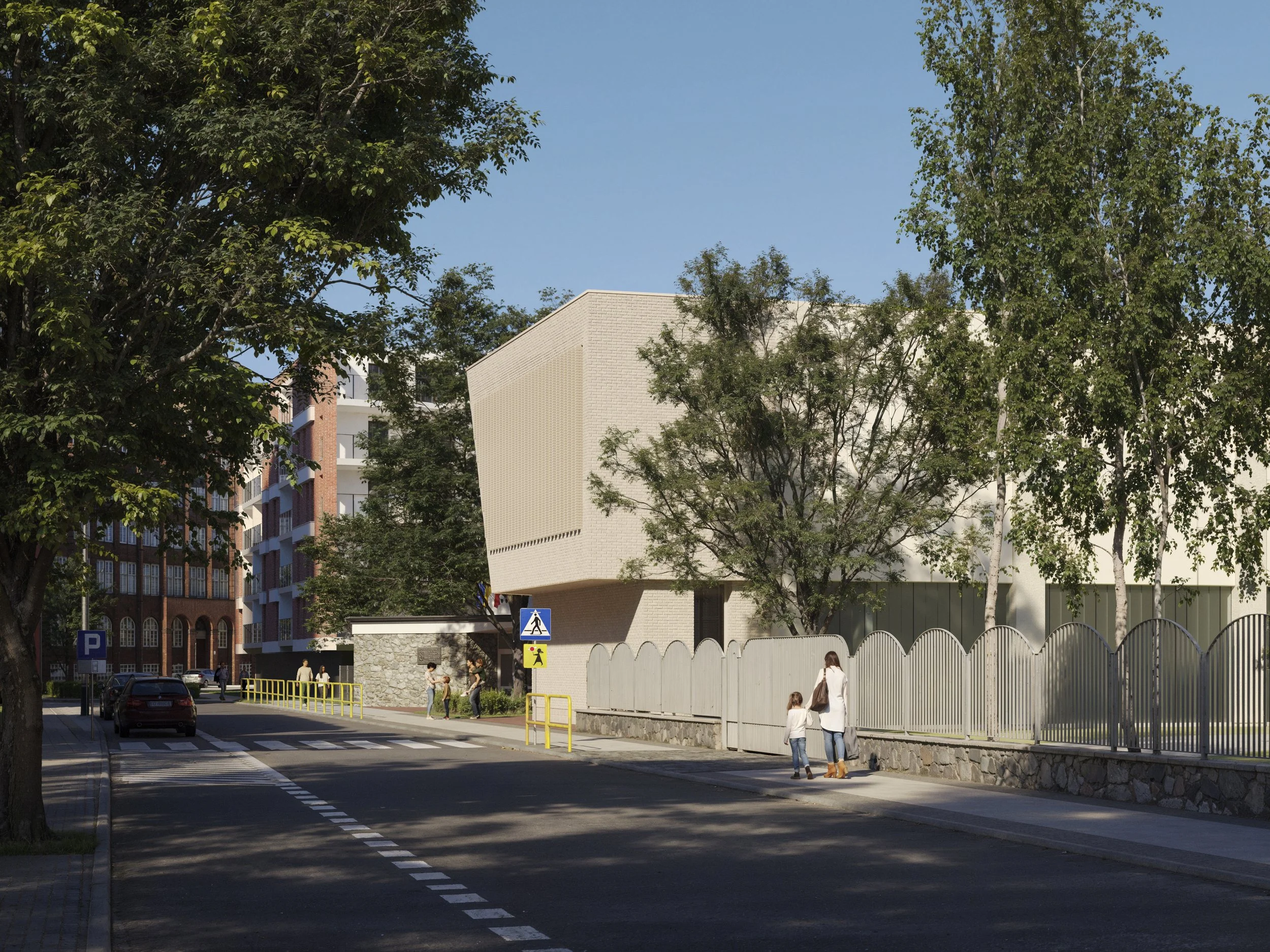Modern beige building with trees and a fence along the sidewalk, people walking on the street, cars parked nearby, and clear blue sky. Kamil Rombczyk portfolio architectural vizualization. Kamil Rombczyk portfolio wizualizacje architektoniczne. Wizua