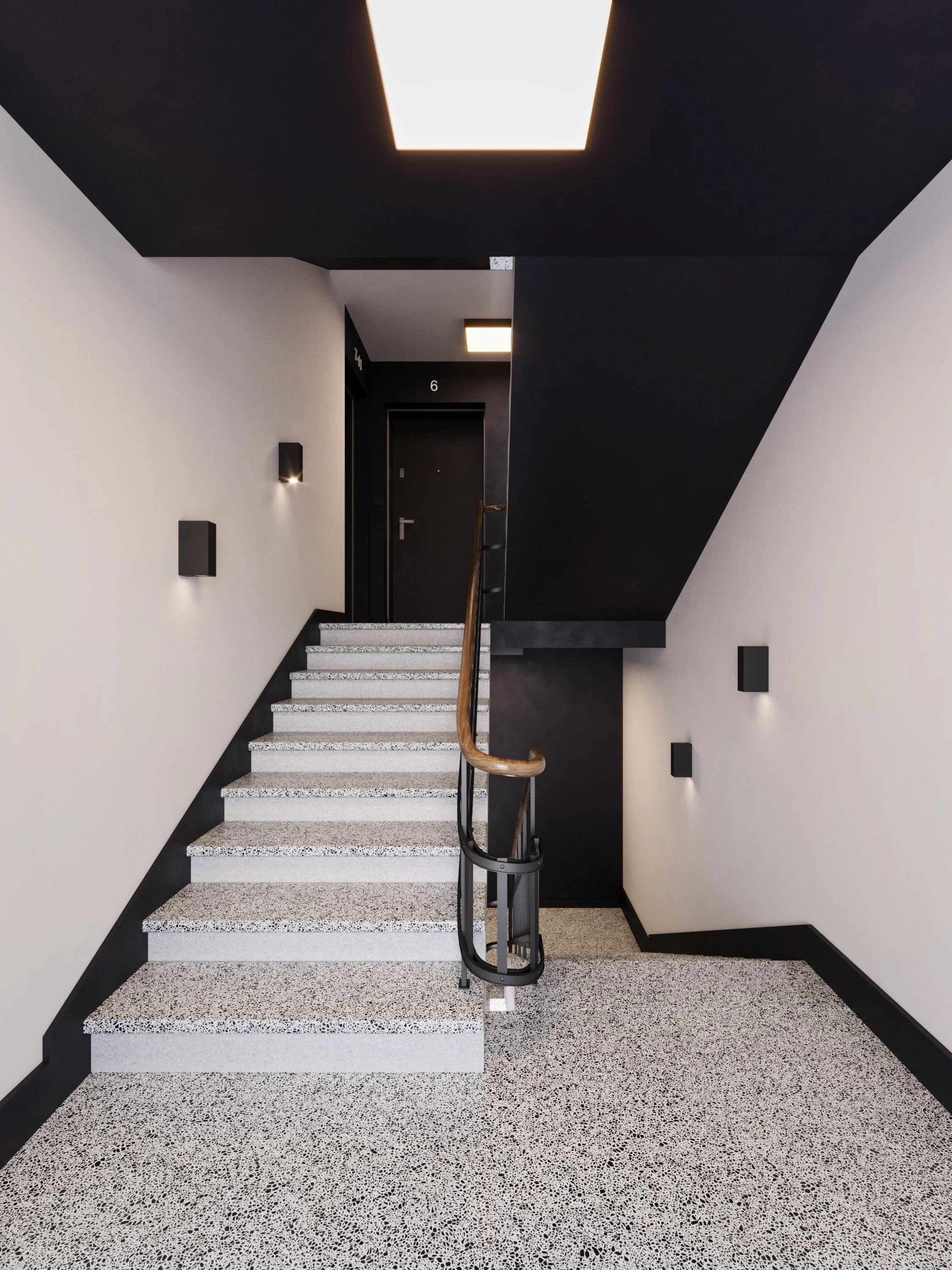 Modern stairwell with speckled terrazzo flooring, black and white walls, black door numbered 6, and black wall-mounted lights.