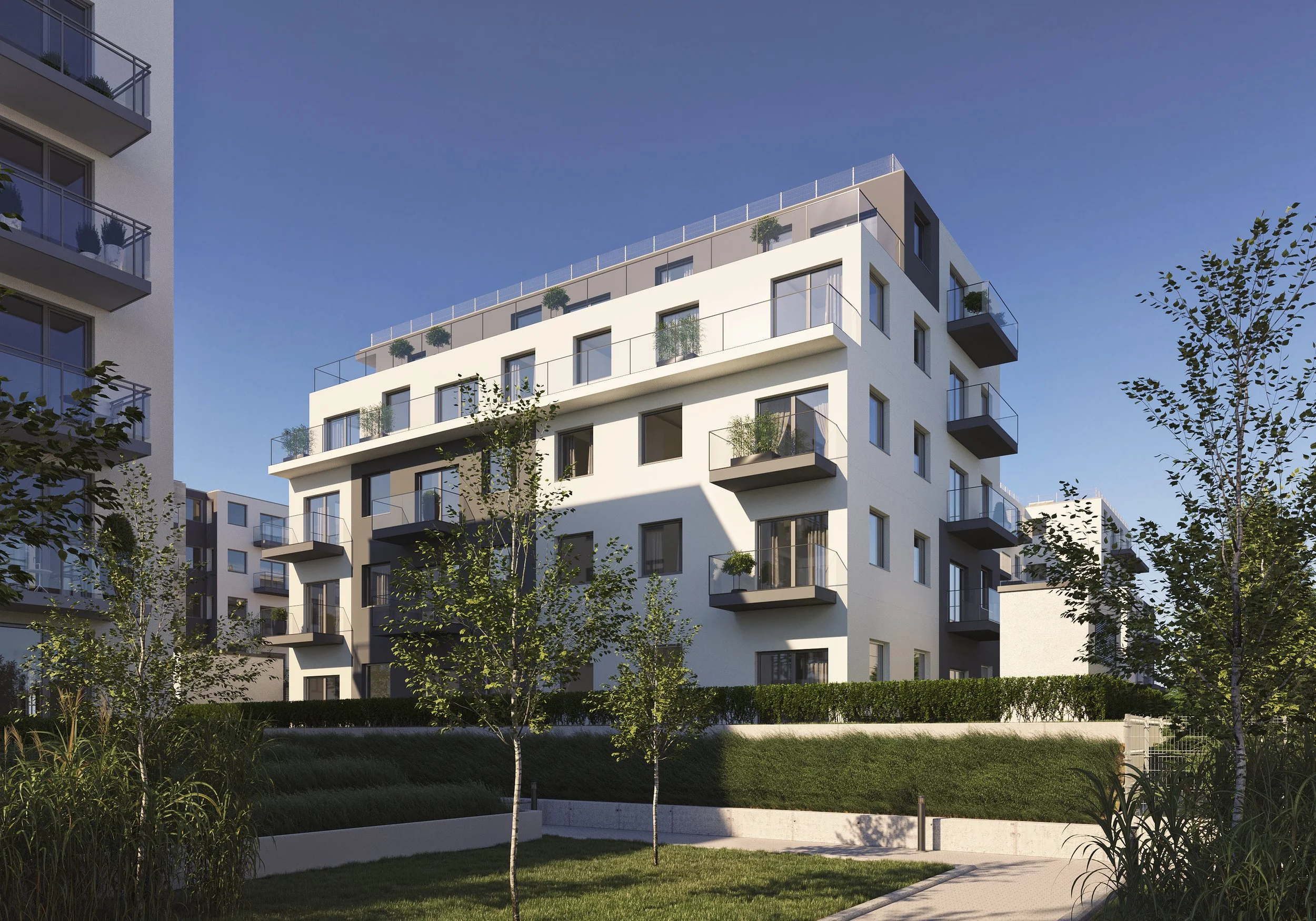 Modern residential apartment building with balconies, surrounded by trees and greenery under a clear blue sky.  Kamil Rombczyk portfolio architectural vizualization. Kamil Rombczyk portfolio wizualizacje architektoniczne. Wizualizacja Kamil Rombczyk 