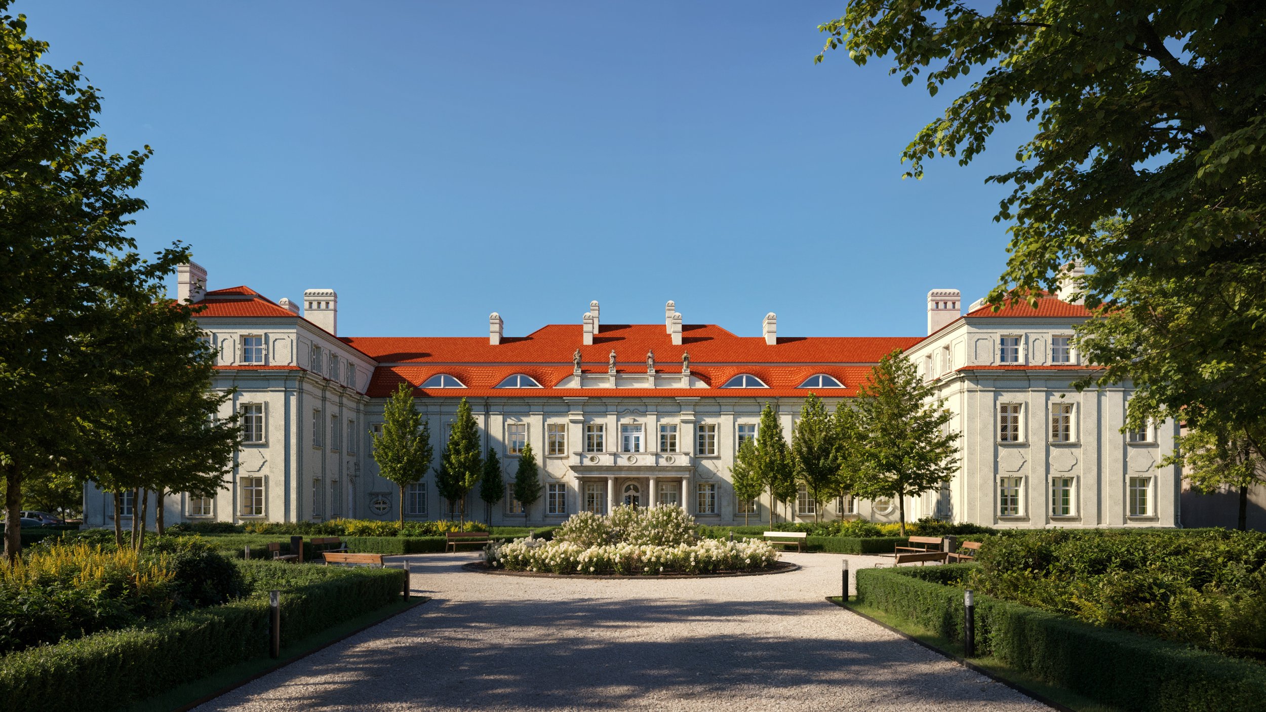 A grand white mansion with a red roof, surrounded by trees and a well-maintained garden with pathways and benches. Kamil Rombczyk portfolio architectural vizualization. Kamil Rombczyk portfolio wizualizacje architektoniczne. Wizualizacja Kamil Rombcz