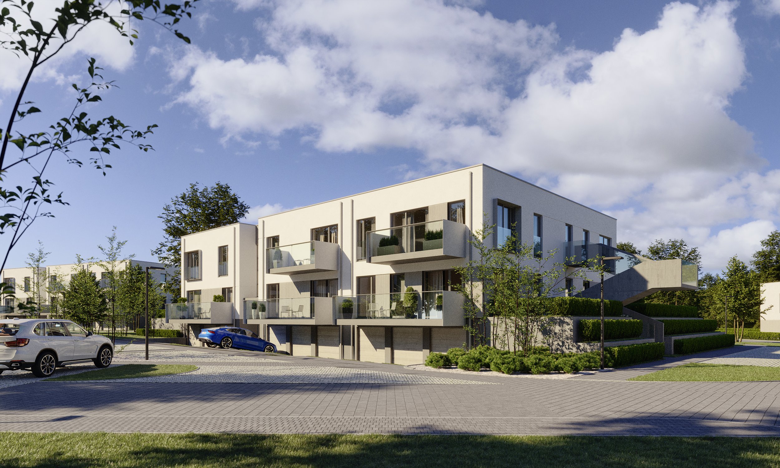 Modern white apartment building with multiple units, each with balconies, surrounded by greenery and parked cars, under a partly cloudy sky. Kamil Rombczyk portfolio architectural vizualization. Kamil Rombczyk portfolio wizualizacje architektoniczne.