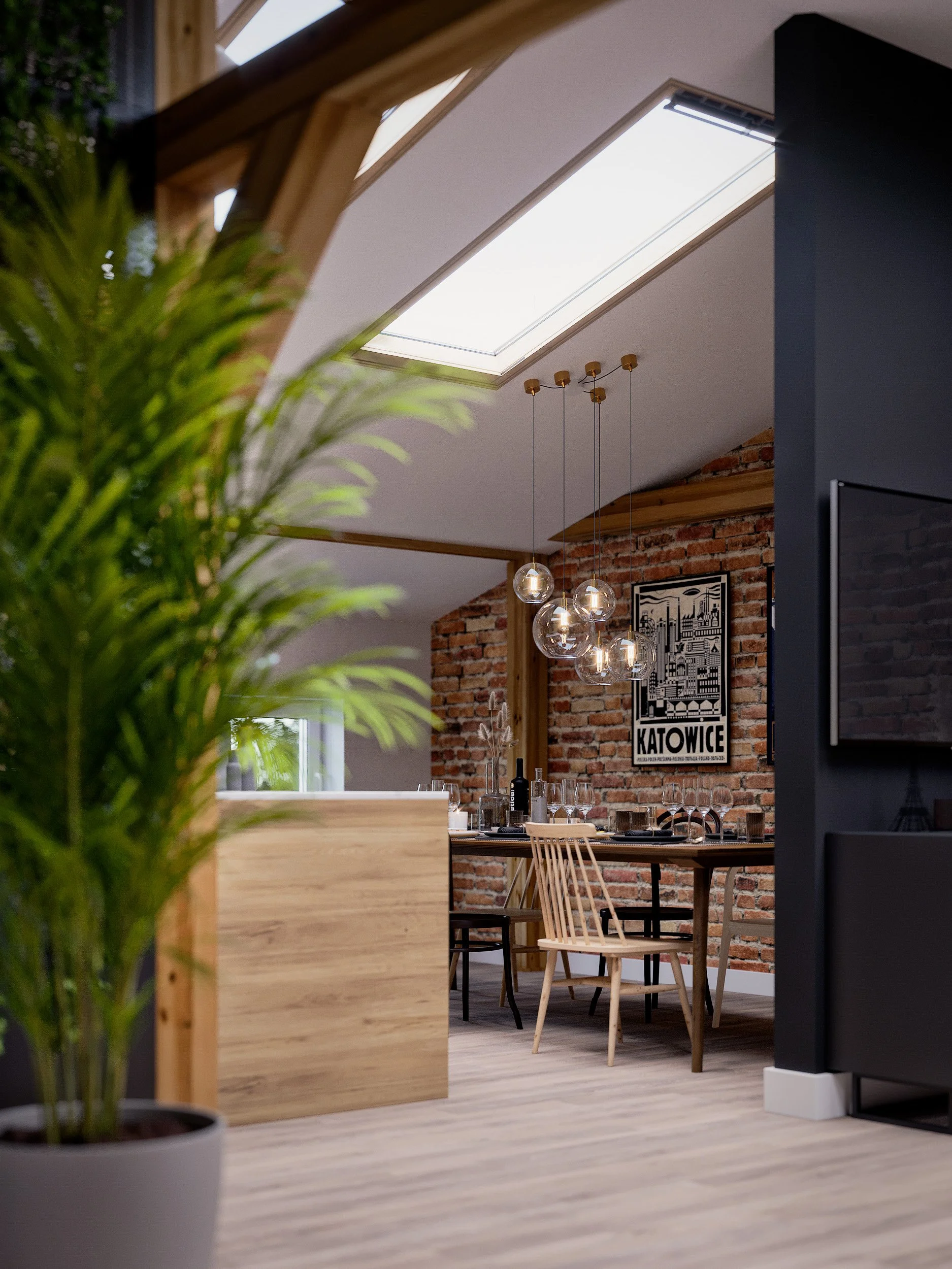 Modern dining area with a brick wall, wooden furniture, hanging globe lights, and a skylight in a loft-style home.