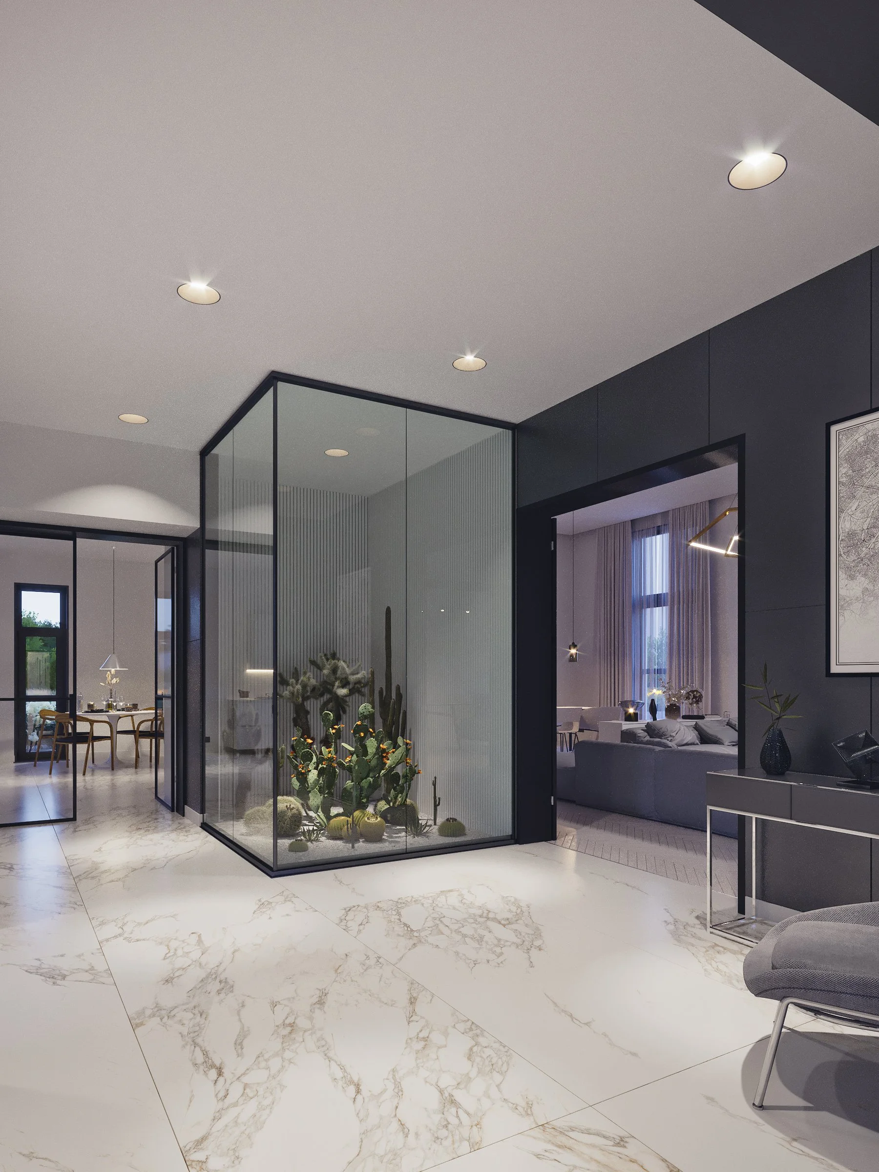Modern interior with a glass-enclosed plant display containing cacti and succulents, marble flooring, and stylish furniture in a living and dining area.