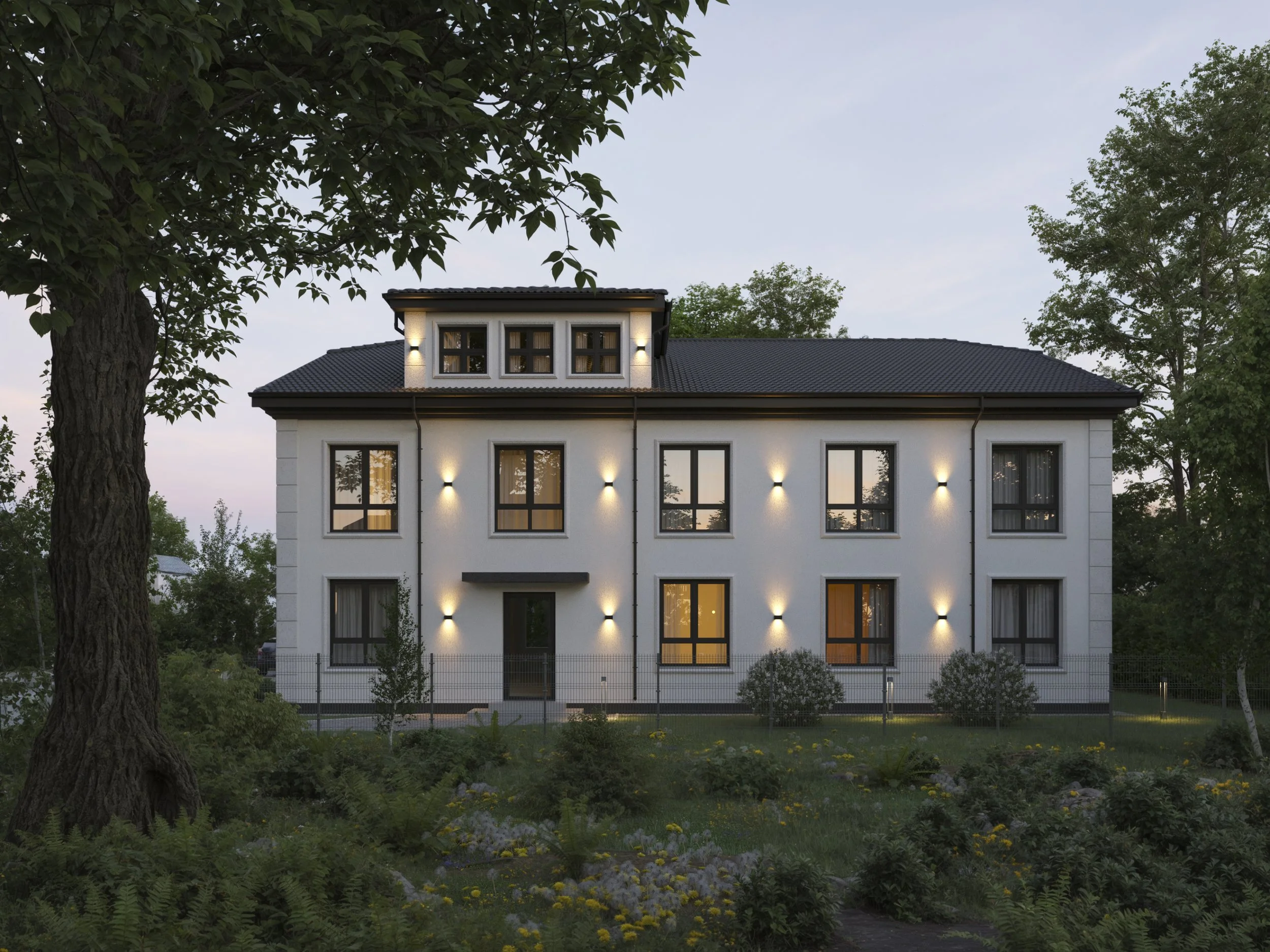 Modern white multi-story house illuminated at dusk, surrounded by trees and a garden.  Kamil Rombczyk portfolio architectural vizualization. Kamil Rombczyk portfolio wizualizacje architektoniczne. Wizualizacja Kamil Rombczyk Gdansk
