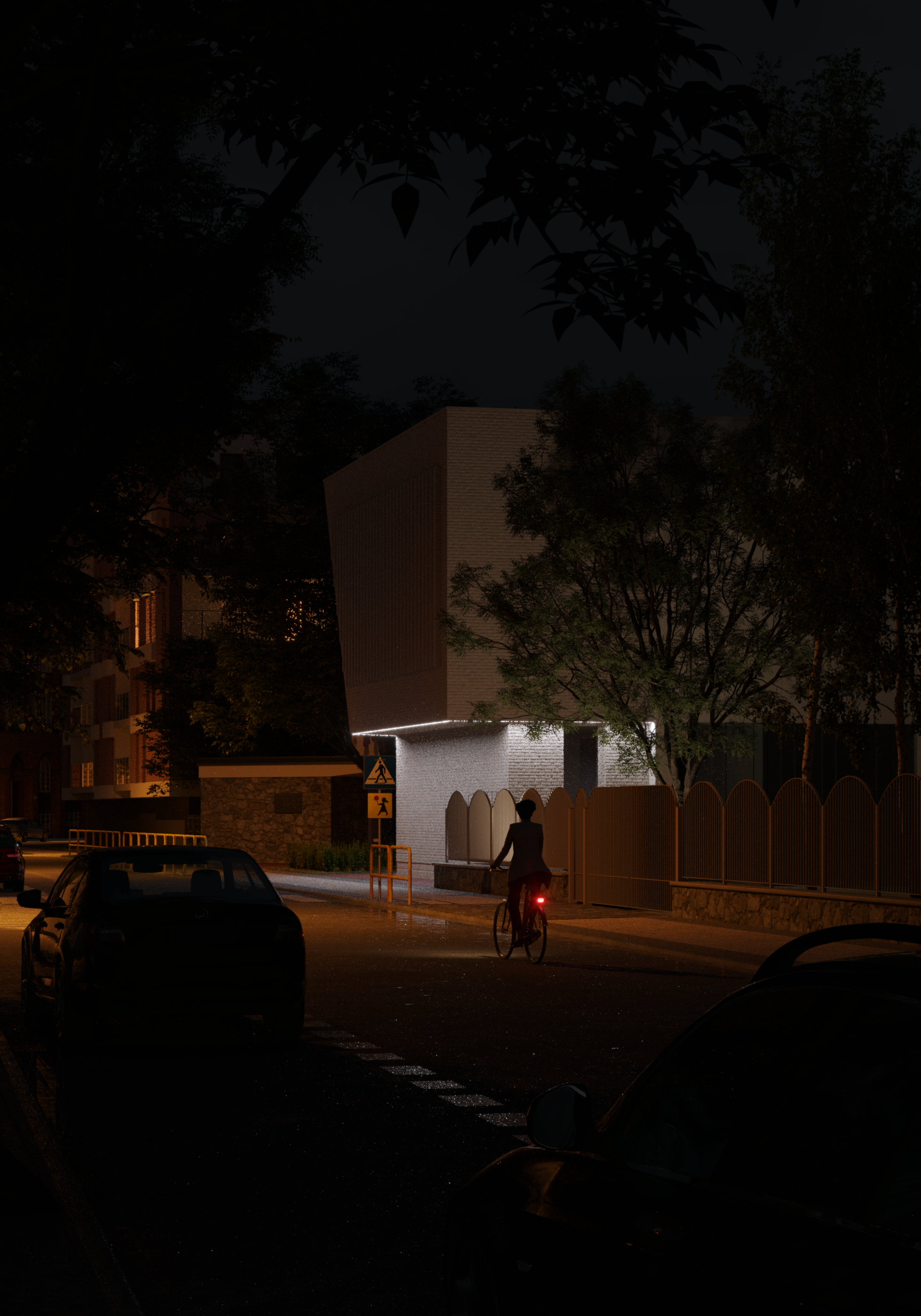 Night scene of a person riding a bicycle with a red rear light on a dimly lit street, nearby cars parked, trees, and a modern building with unique architecture and exterior lighting. Kamil Rombczyk portfolio architectural vizualization. Kamil Rombczy