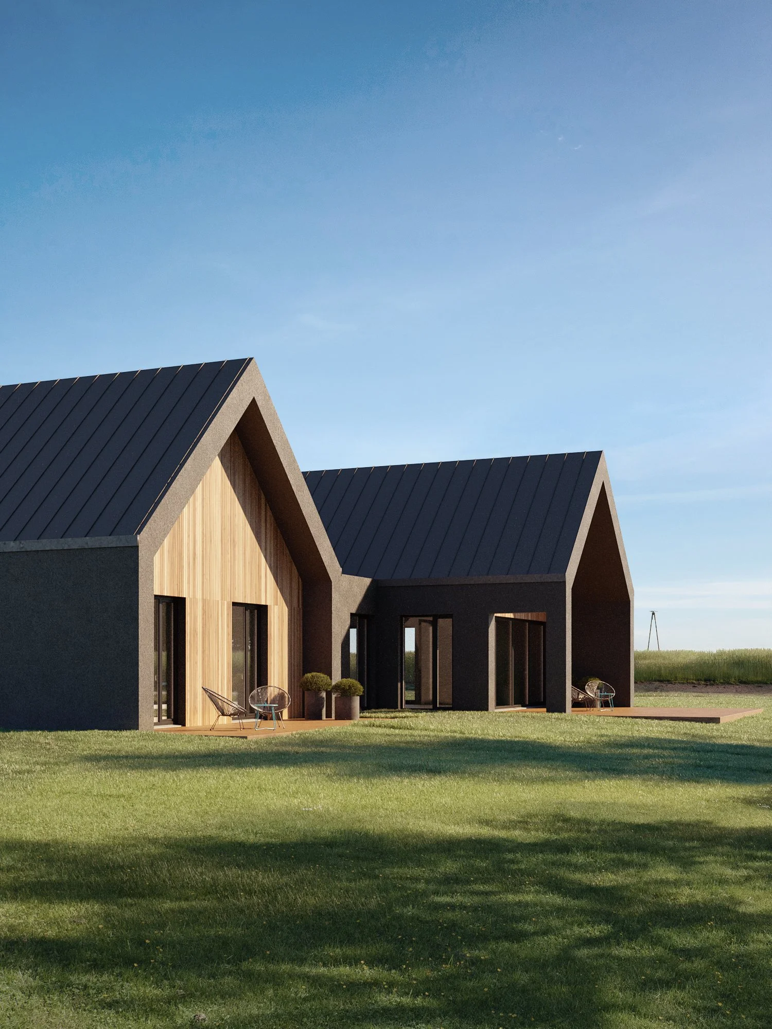 Modern house with wooden and dark exterior, large glass doors, outdoor seating, on a grassy lawn under a clear blue sky. Kamil Rombczyk portfolio architectural vizualization. Kamil Rombczyk portfolio wizualizacje architektoniczne. Wizualizacja Kamil 