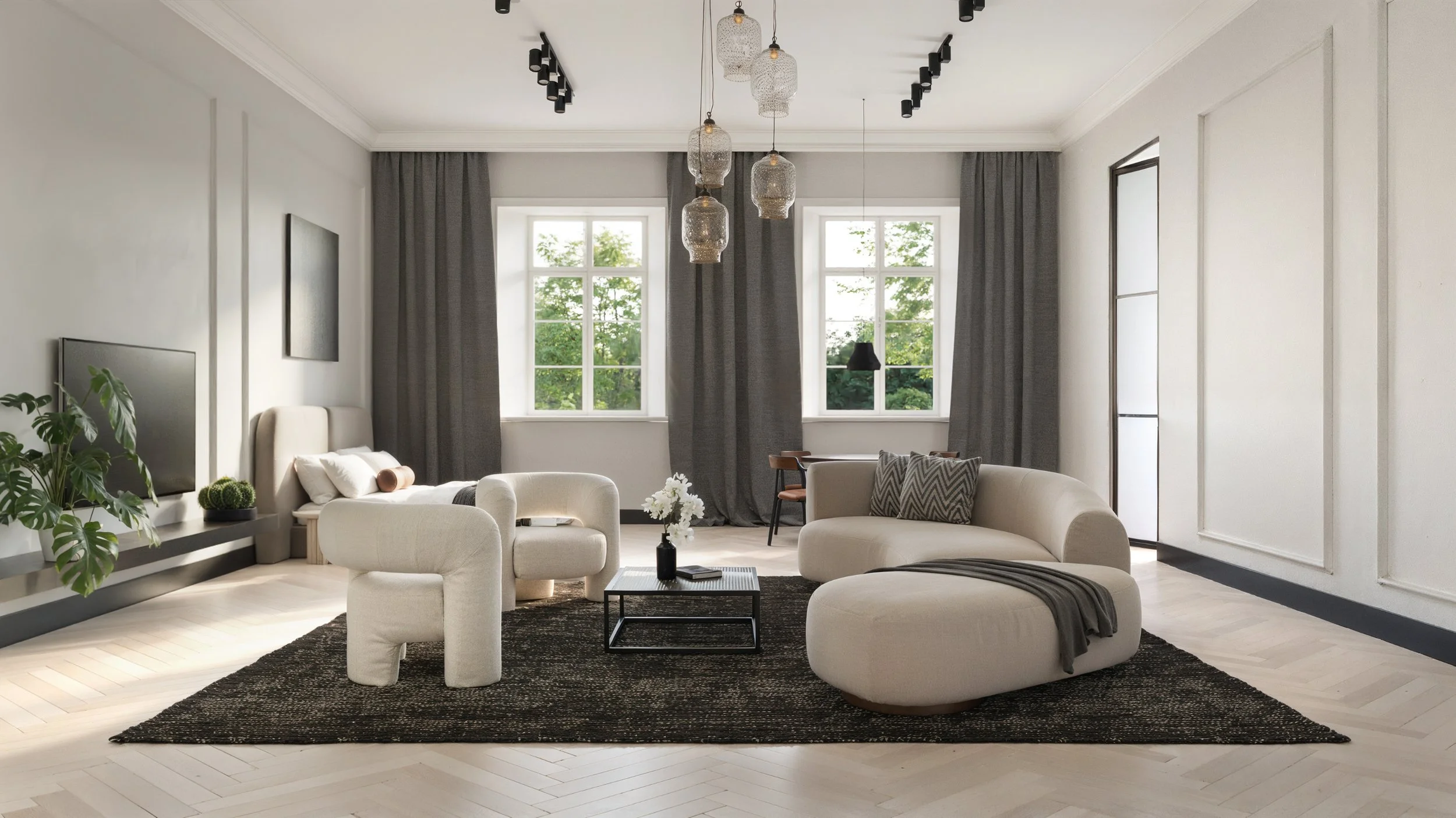 Modern living room with beige curved sofa, armchair, black rug, large windows with dark curtains, pendant lights, wall-mounted TV, and potted plants.