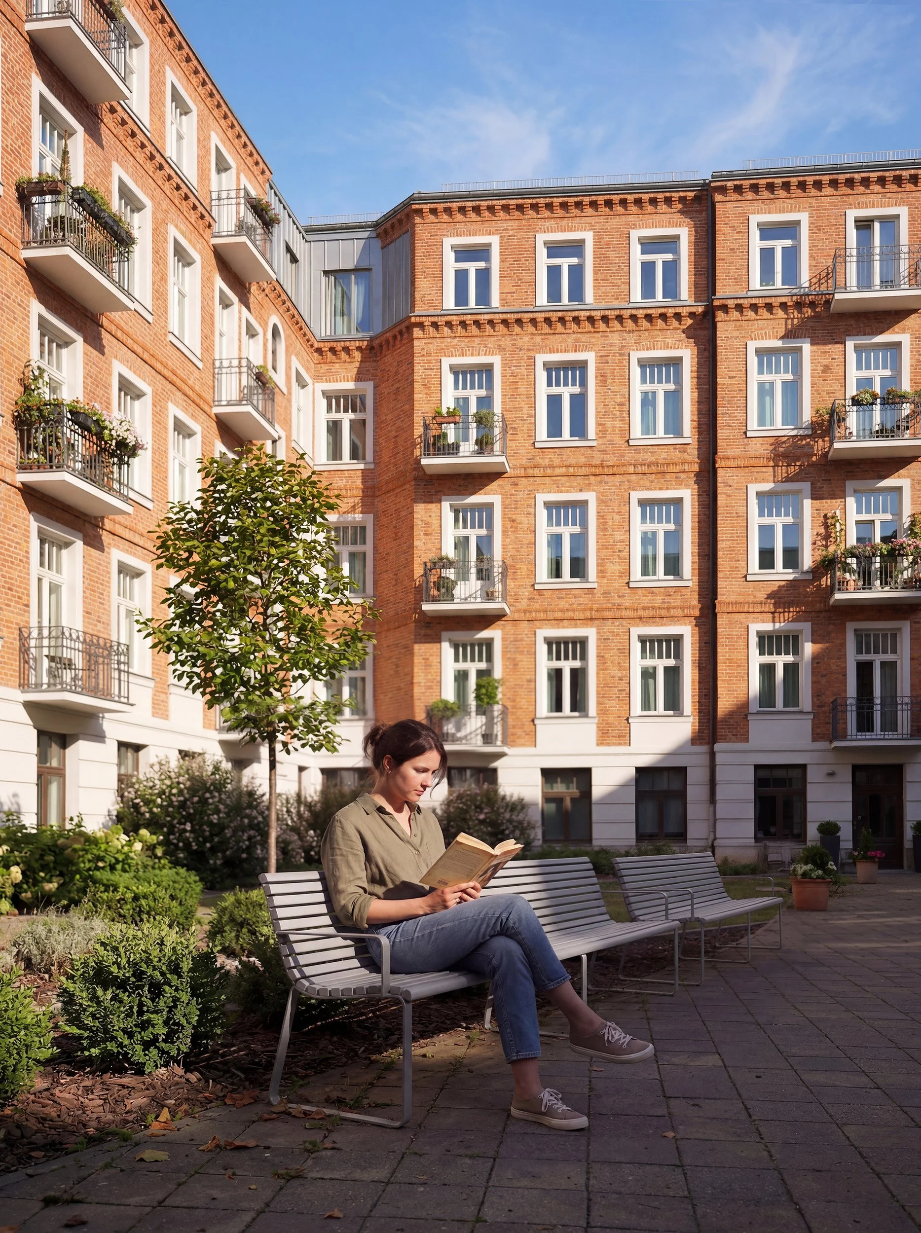 A peaceful courtyard scene featuring a woman sitting on a bench and reading a book in a modern residential complex. The surrounding red-brick apartment buildings with balconies create a warm, urban atmosphere enriched by greenery and carefully design