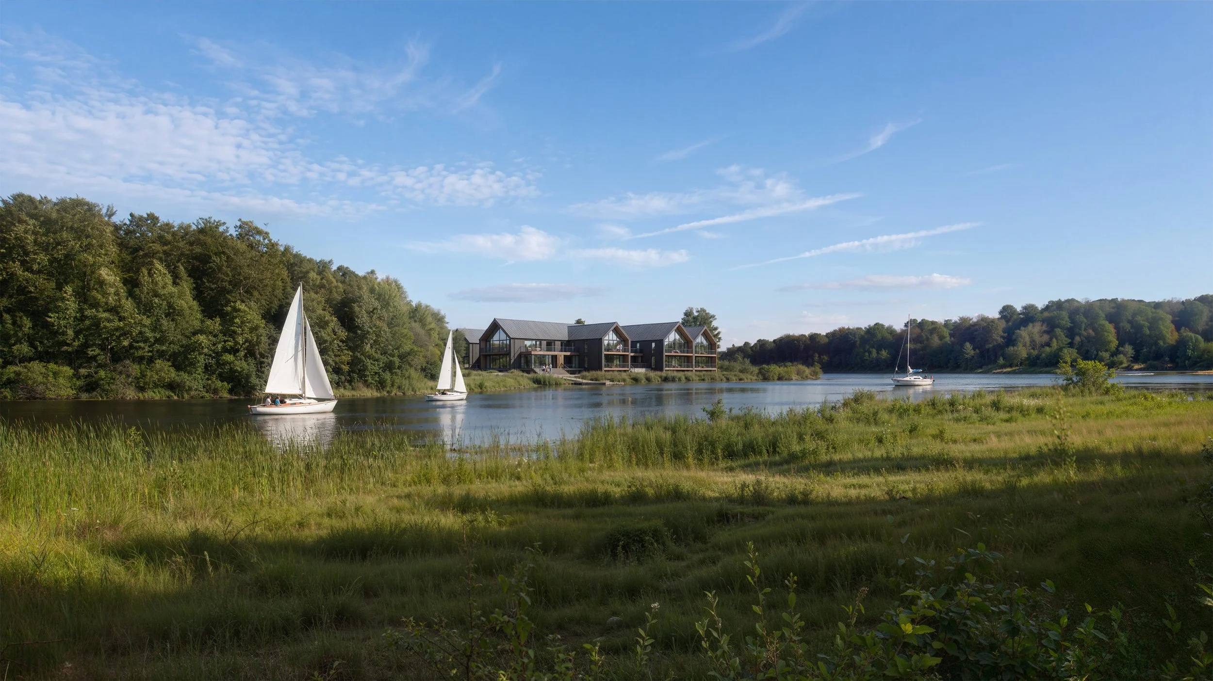 This picturesque lakeside hotel is set in a peaceful natural landscape surrounded by dense woodland and lush greenery. The contemporary hotel buildings feature a modern architectural design with pitched roofs, large glazed façades, and spacious terra