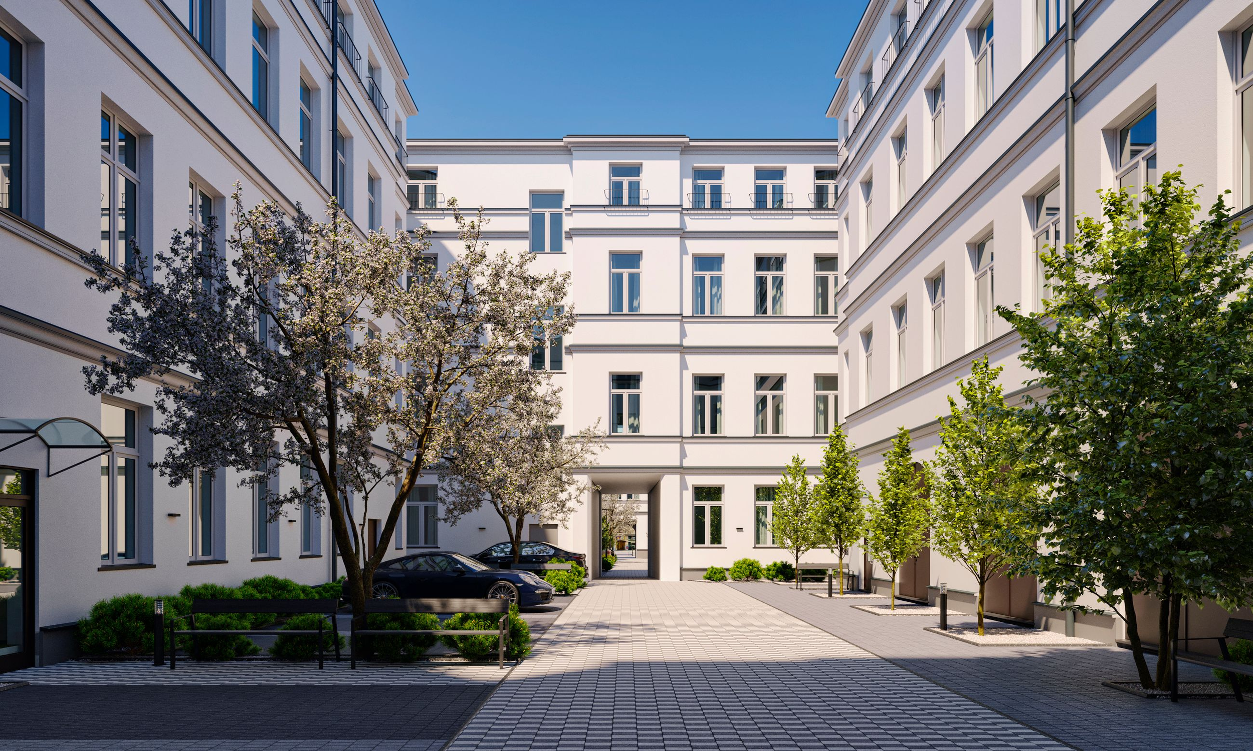 View of a modern white apartment complex with a courtyard, trees, parked cars, benches, and clear blue sky. Kamil Rombczyk portfolio architectural vizualization. Kamil Rombczyk portfolio wizualizacje architektoniczne. Wizualizacja Kamil Rombczyk Gdan