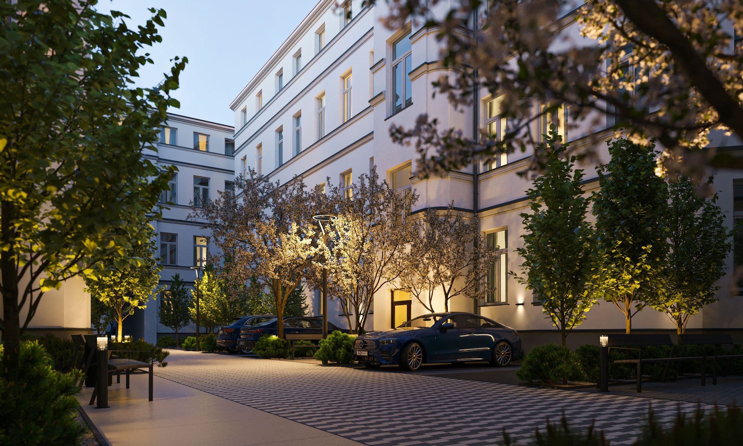 Night view of a modern residential building with trees, parking lot with cars, benches, and streetlights. Kamil Rombczyk portfolio architectural vizualization. Kamil Rombczyk portfolio wizualizacje architektoniczne. Wizualizacja Kamil Rombczyk Gdansk