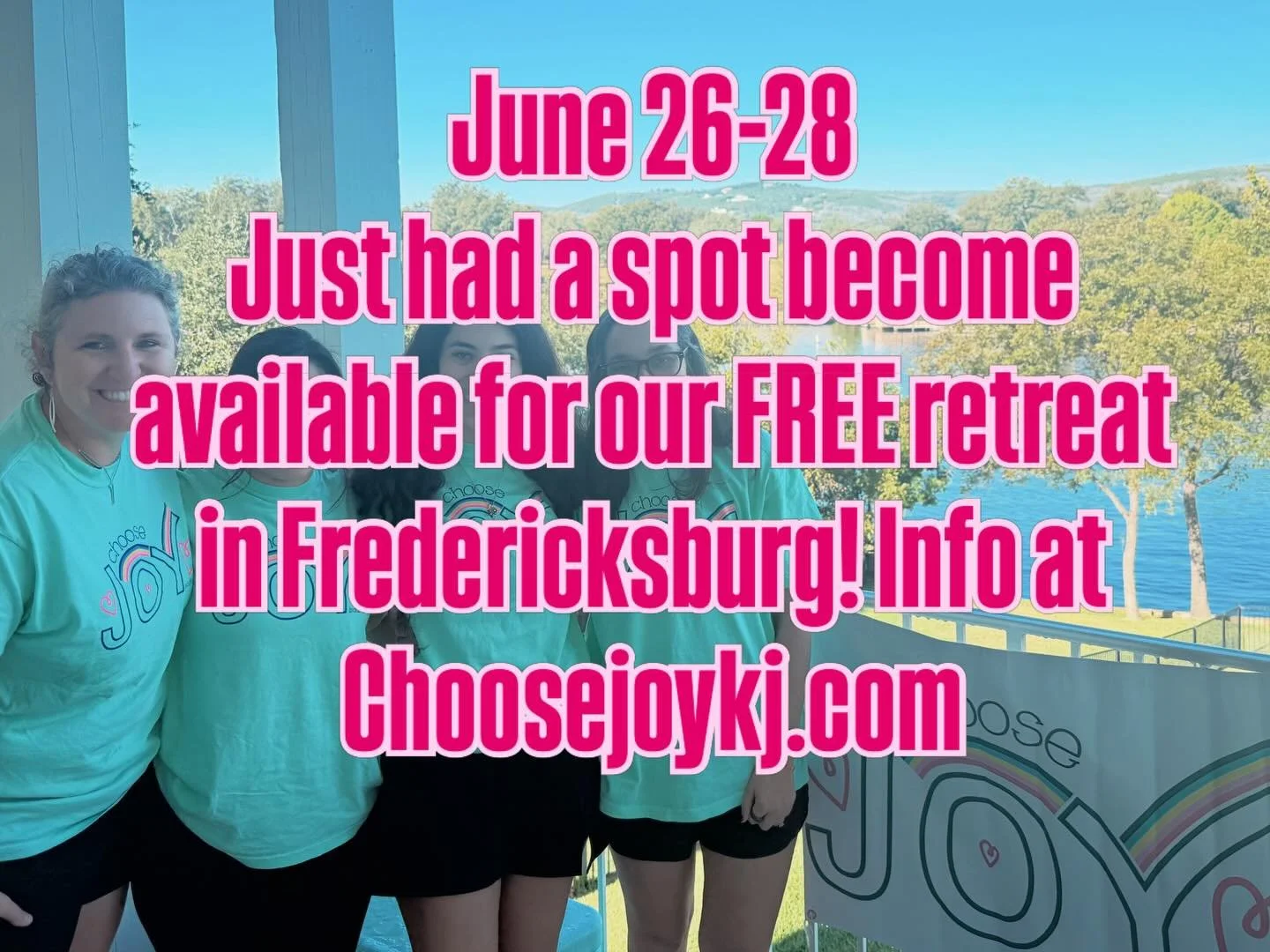 All meals, housing, and activities are covered for the weekend.  Choose Joy 12:3 Inc strives to bring you opportunity to relax, connect with others, and desire to help you choose joy amidst day to day challenges. 
Choosejoykj.com