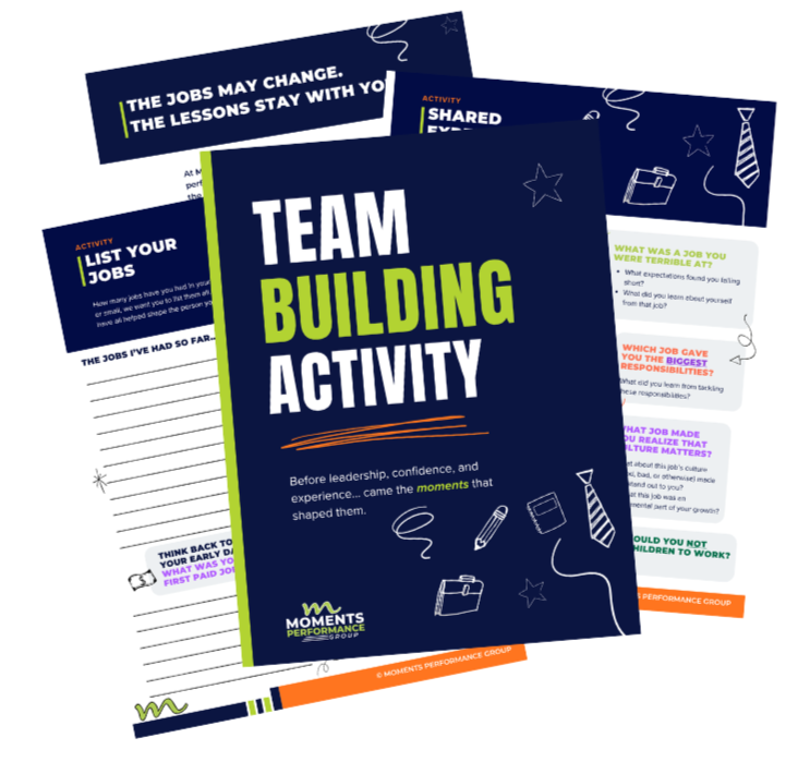 Cover page of a team building activity guide with blue, green, and orange accents, containing text and illustrations related to team activities and leadership.