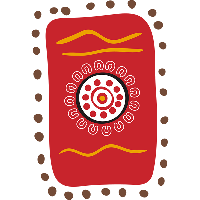 Abstract design with red background, central circular pattern and wavy yellow lines, bordered by brown dots.