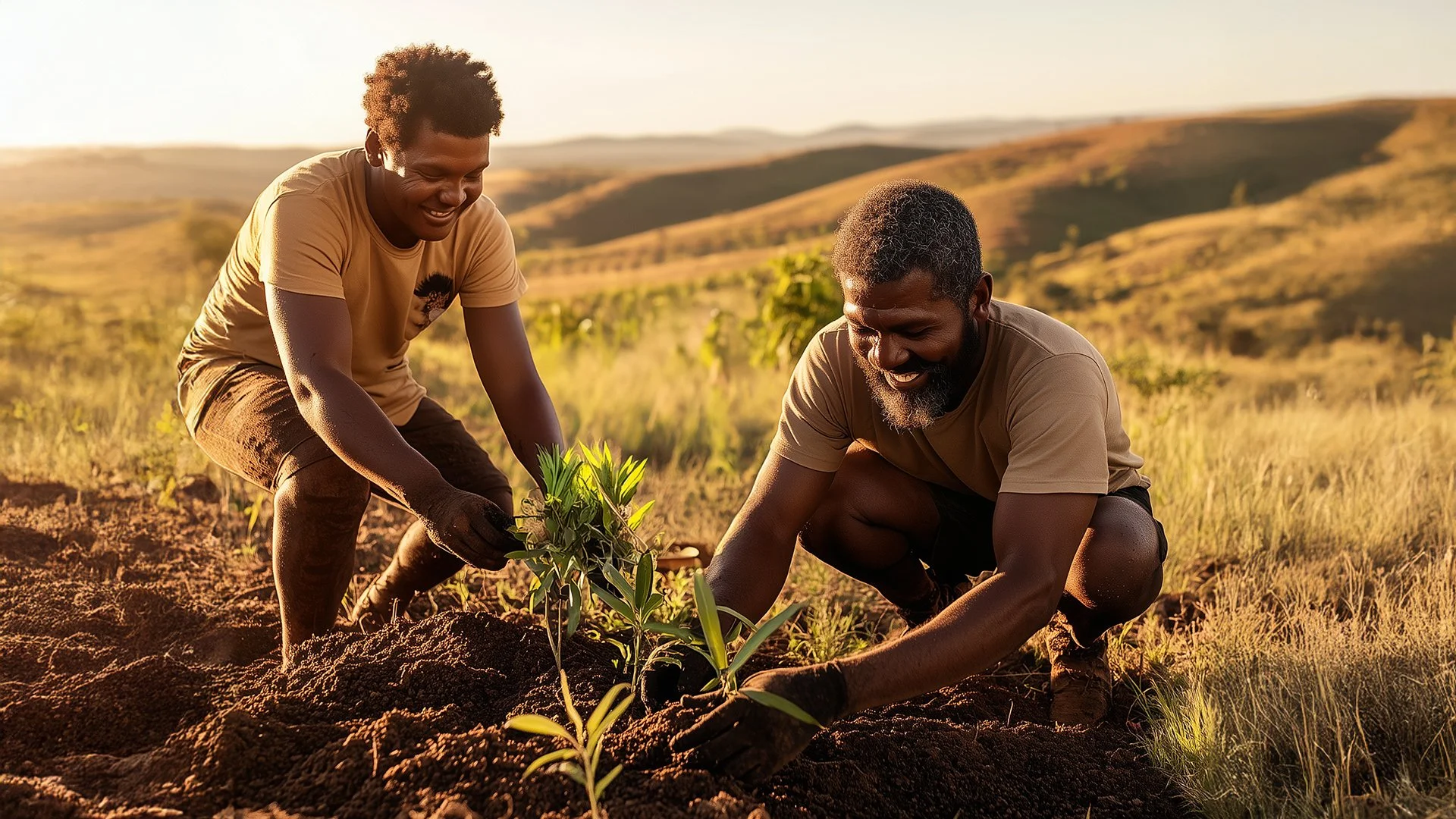 Two men planting young trees in a field during a sunny day.