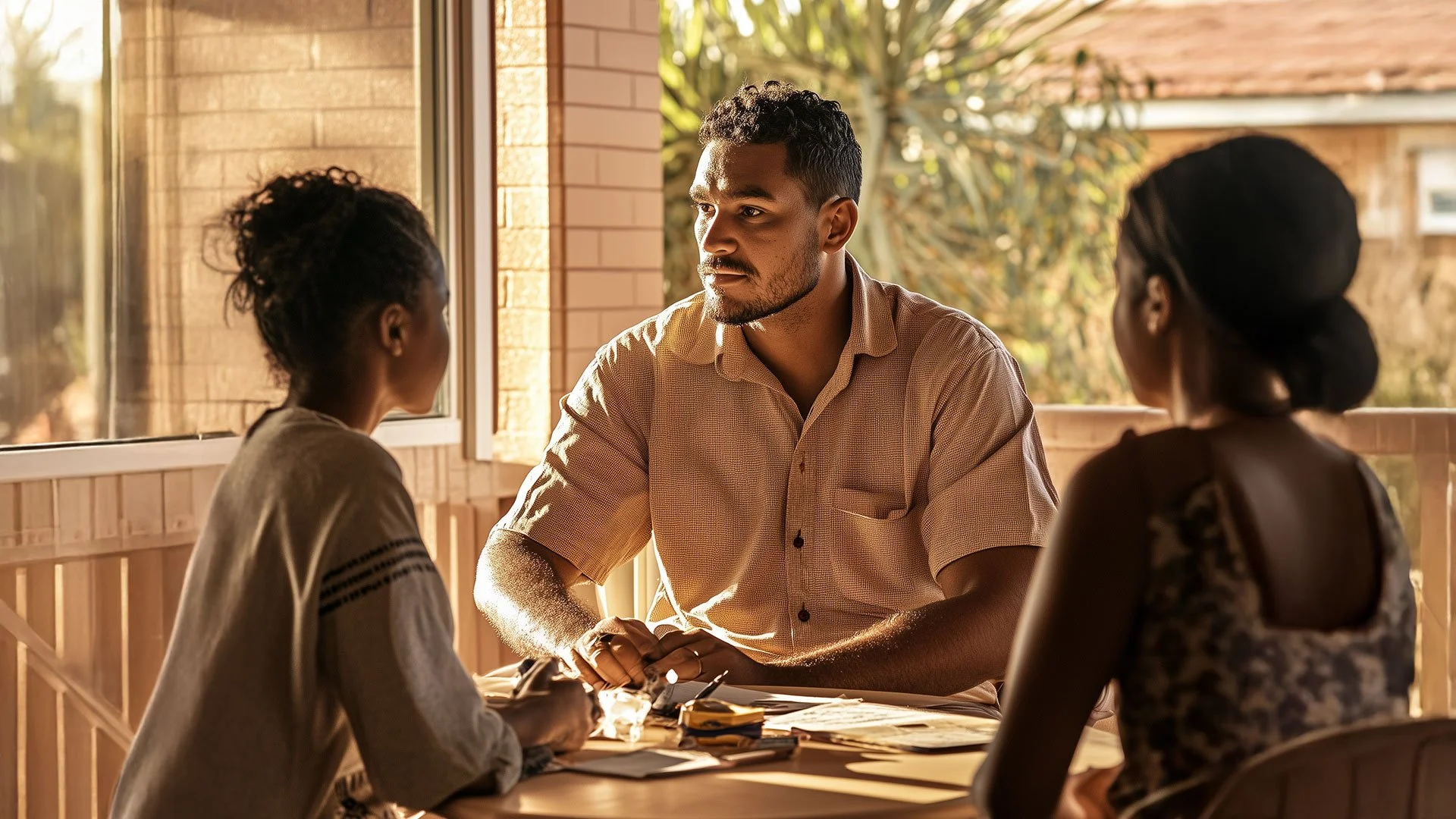 Three people having a serious discussion at a table in a warmly lit room.