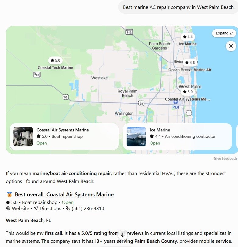 Best marine AC repair company in West Palm Beach. prompt chatgpt
