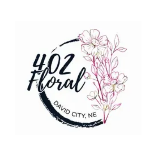 Logo for 402 Floral with a pink floral illustration and text indicating David City, Nebraska.