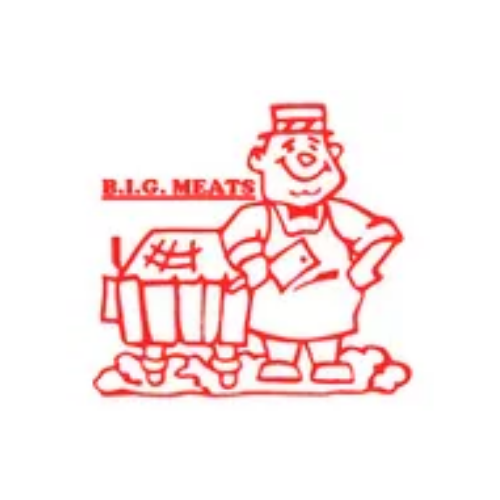 Logo of B.I.G. Meats, featuring a smiling cartoon butcher in an apron and hat, standing next to a meat display case.