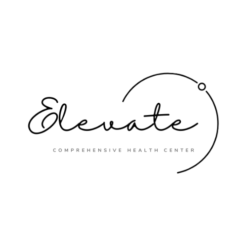 Logo for Elevate Comprehensive Health Center, with the word 'Elevate' in cursive and a circular design element.