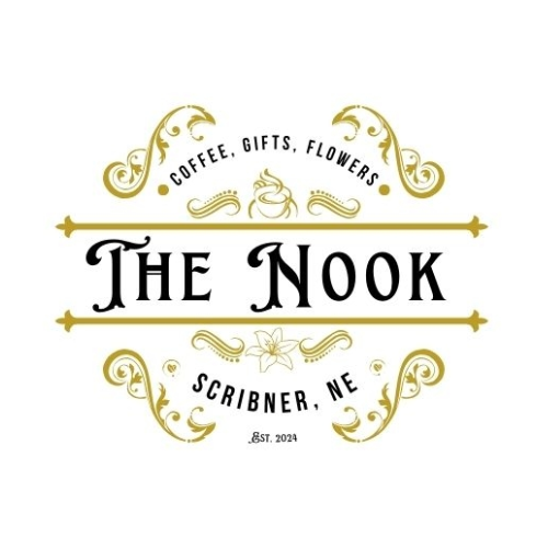 Logo for The Nook, a shop selling coffee, gifts, flowers, located in Scribner, Nebraska, established in 2024, with decorative gold and black design elements.