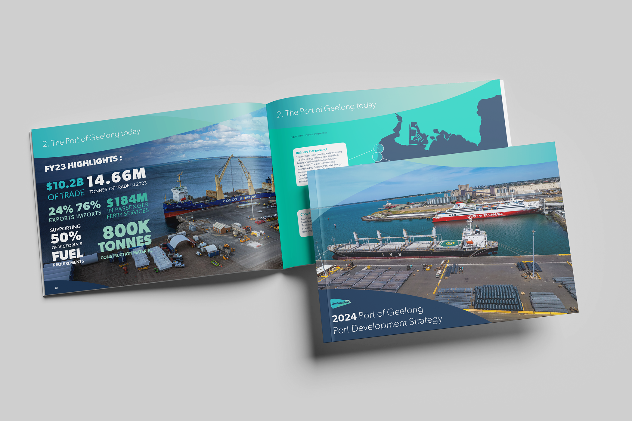 Open brochure showing aerial photographs of the Port of Geelong, with info about trade statistics, infrastructure, and development strategy for 2024.