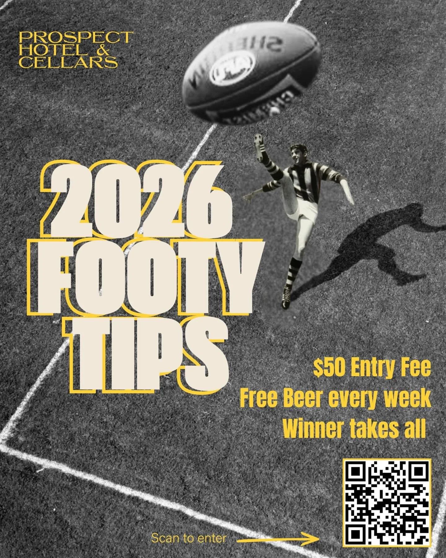 Footy Tips at PH&amp;C! 🏈 
To kick off the AFL season, we&rsquo;re excited to announce that we will be running our very own Footy Tipping Competition this year. 

Entry is $50, and includes a free pint every single week! 
Scan the QR code to enter.