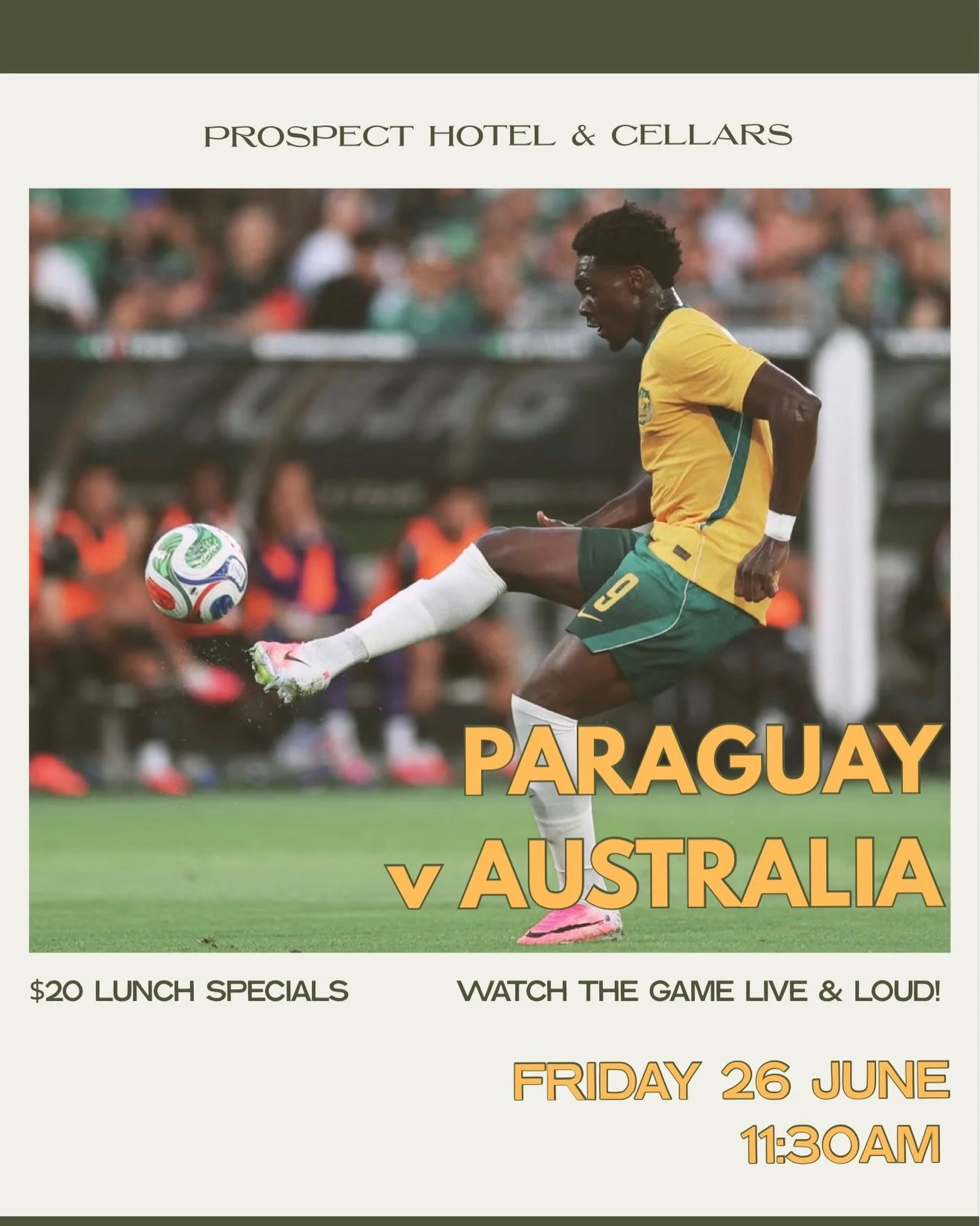 Calling in &ldquo;sick&rdquo; tomorrow? Secret&rsquo;s safe with us 🤐😉 ⚽ Paraguay v Australia, Friday 26 June, 11:30AM. 

Big screen on, sound up, $20 lunch specials going. Bring your mates and come get around the Socceroos. 💚💛