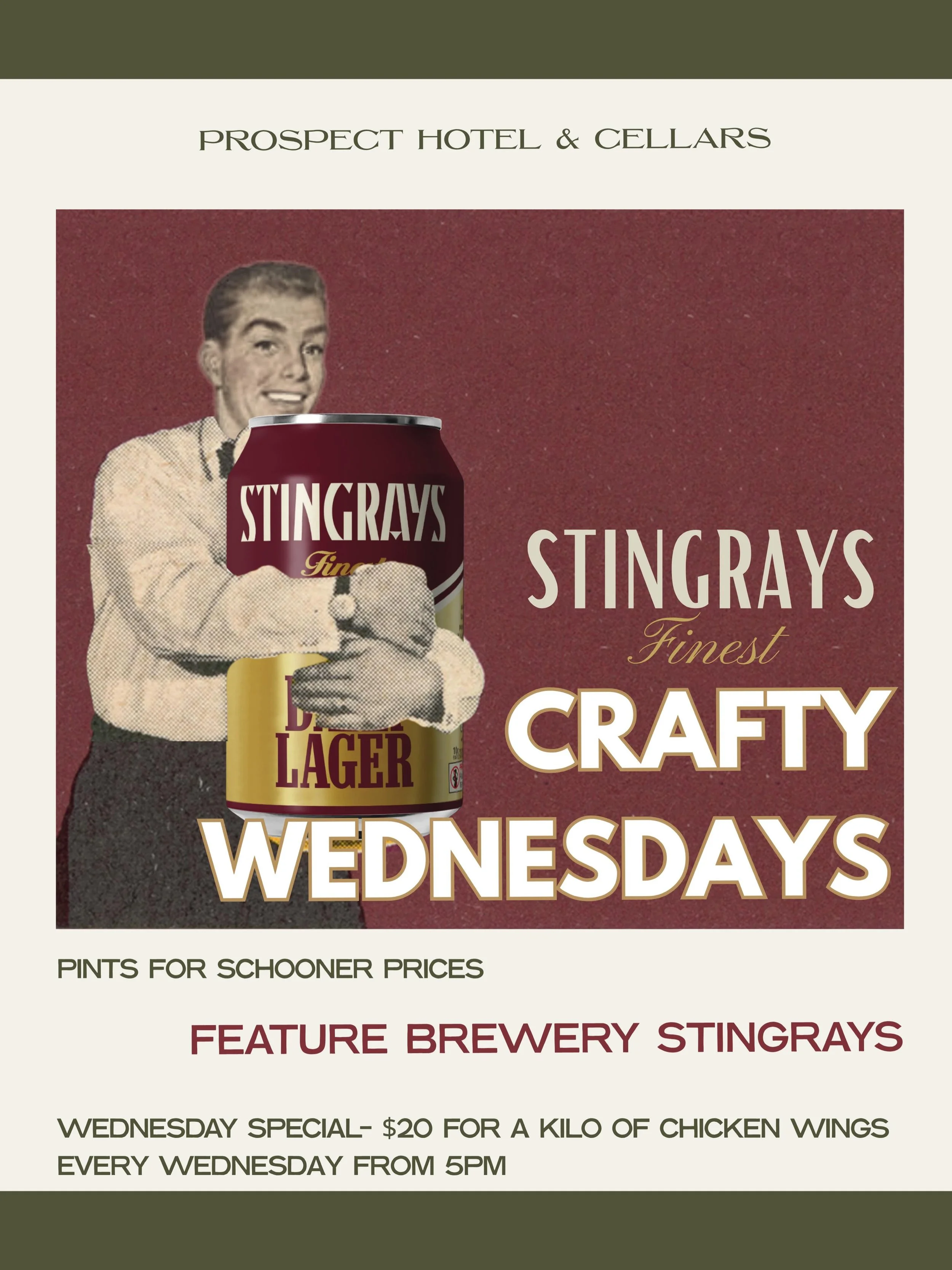 Our next Feature Brewery for Crafty Wednesdays is Stingrays. 

From 5pm on Wednesday, purchase a Pint of Stingrays Beer and only pay for a Schooner! 

Hungry? On Wednesday&rsquo;s we&rsquo;ve got a kilo of Chicken Wings for only $20.