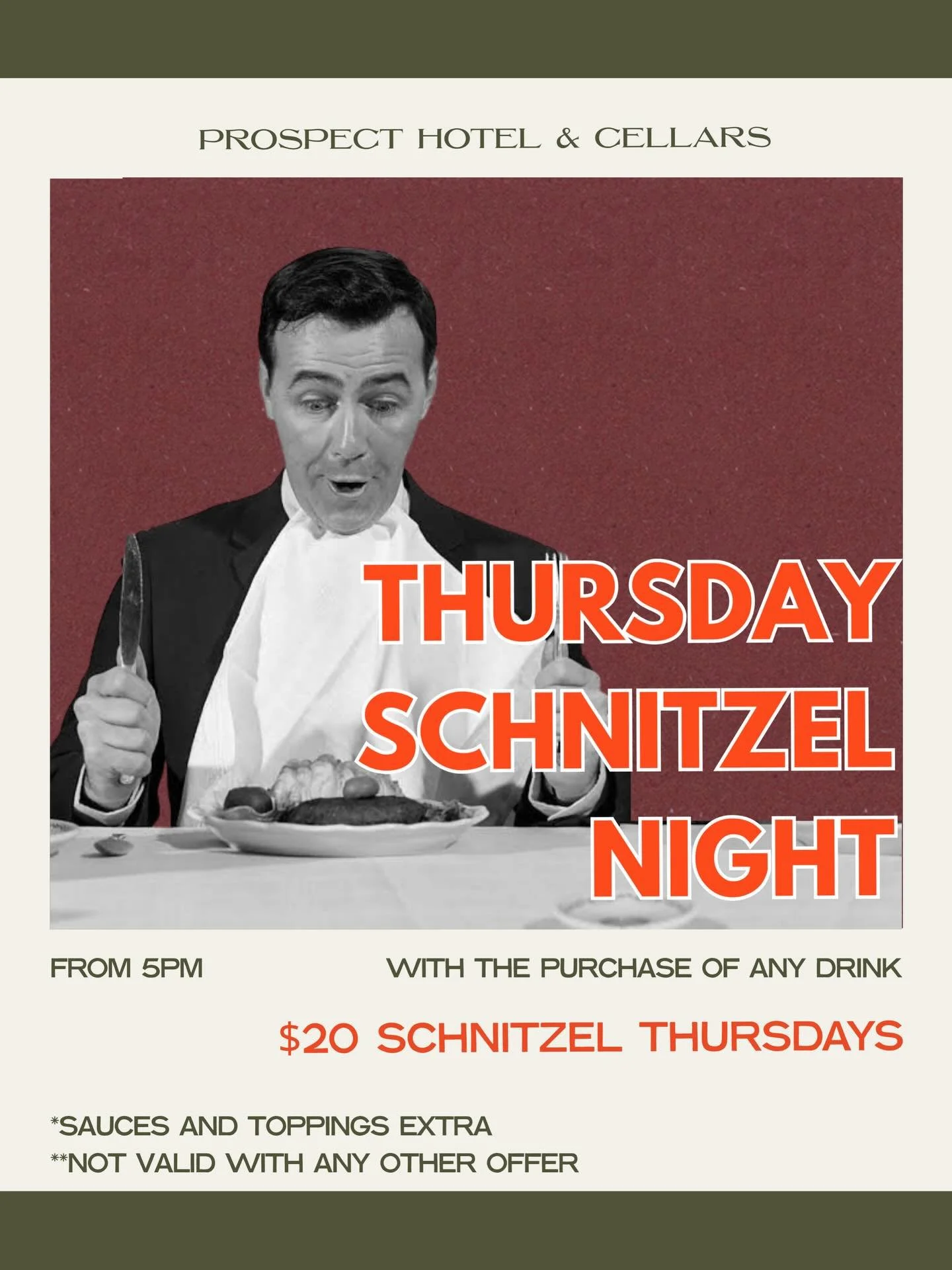 After much anticipation, our Schnitzel Night is finally here!

Starting tomorrow night, from 5pm every Thursday all Schnitzels are $20 with the purchase of any drink. 

*Conditions Apply