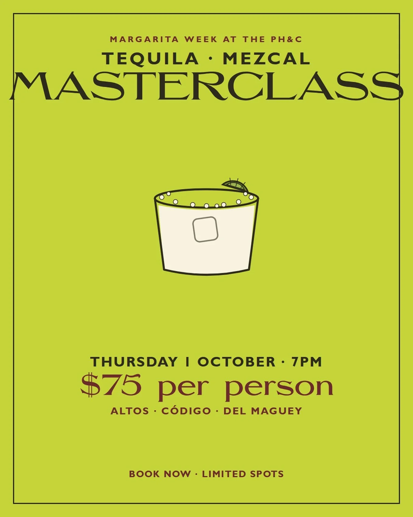 Tickets are officially on sale to our first ever Tequila &amp; Mezcal Masterclass! 

Aligning with Margarita Week, join us on Thursday 1 October as you&rsquo;re guided through 6 tastings of Premium Tequila &amp; Mezcal. 

With a cocktail on arrival, 