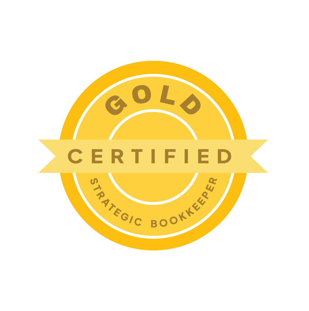 Gold Certified Strategic Bookkeeper badge with a yellow and gold circular design and a ribbon banner reading "Certified" across the center.